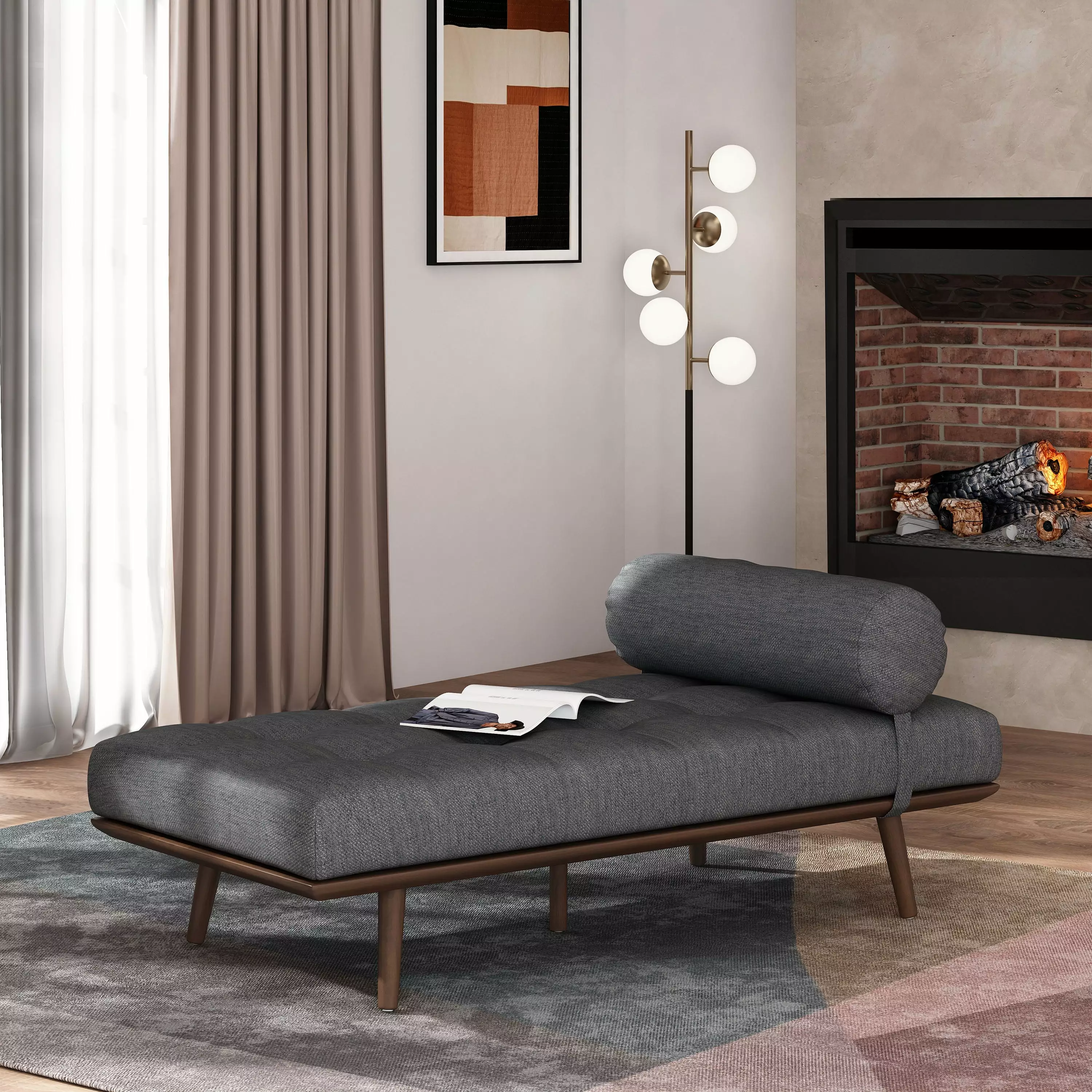 Mid-Century Chaise Lounge Button-Tufted Upholstery and Splayed Legs Lounge Space OMCCHK