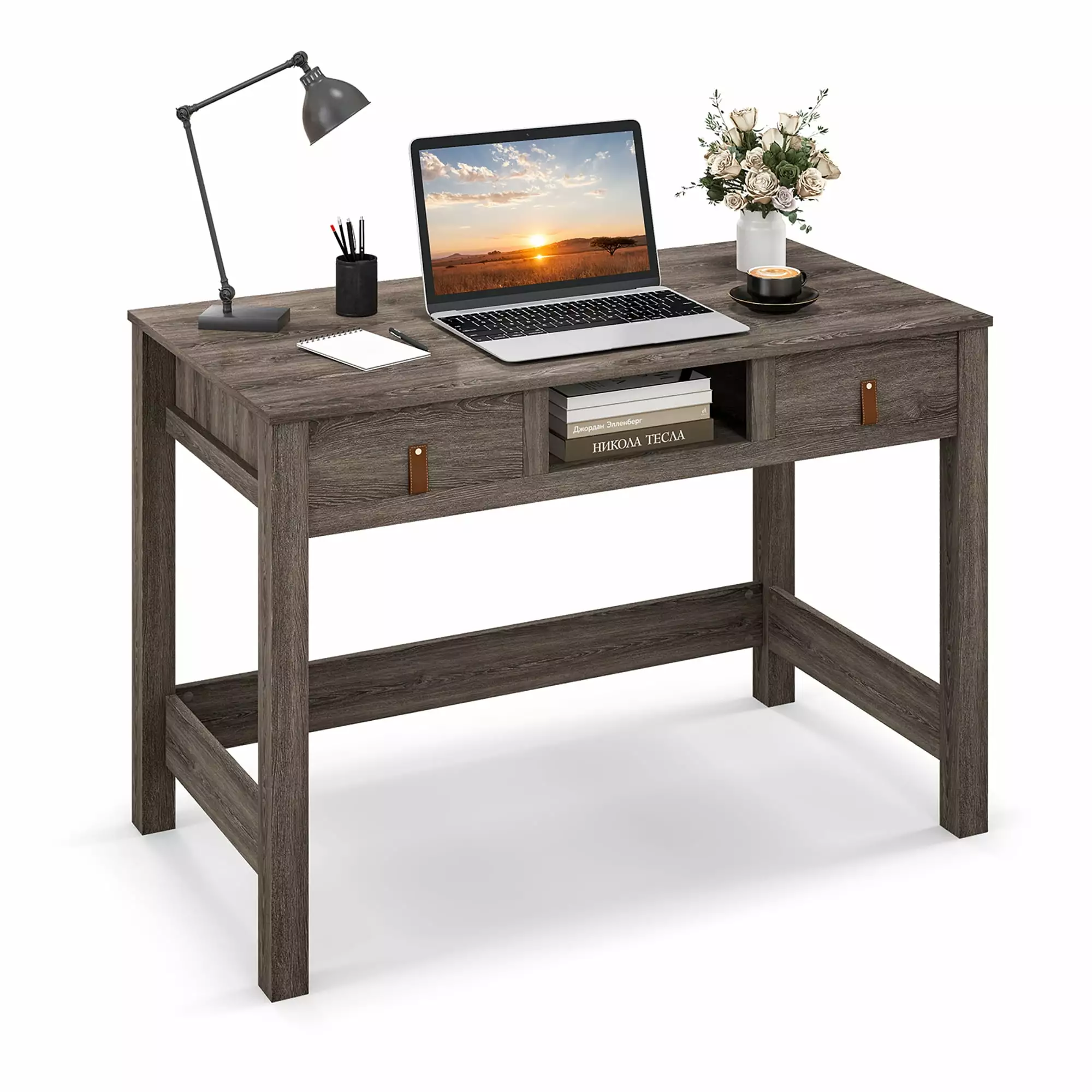 Costway Mid Century Computer Desk 2 Drawers, Home Office Workstation