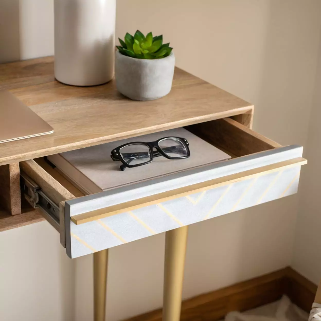 SAFAVIEH Leni Mid-Century Retro Desk Drawer Natural Cement Brass