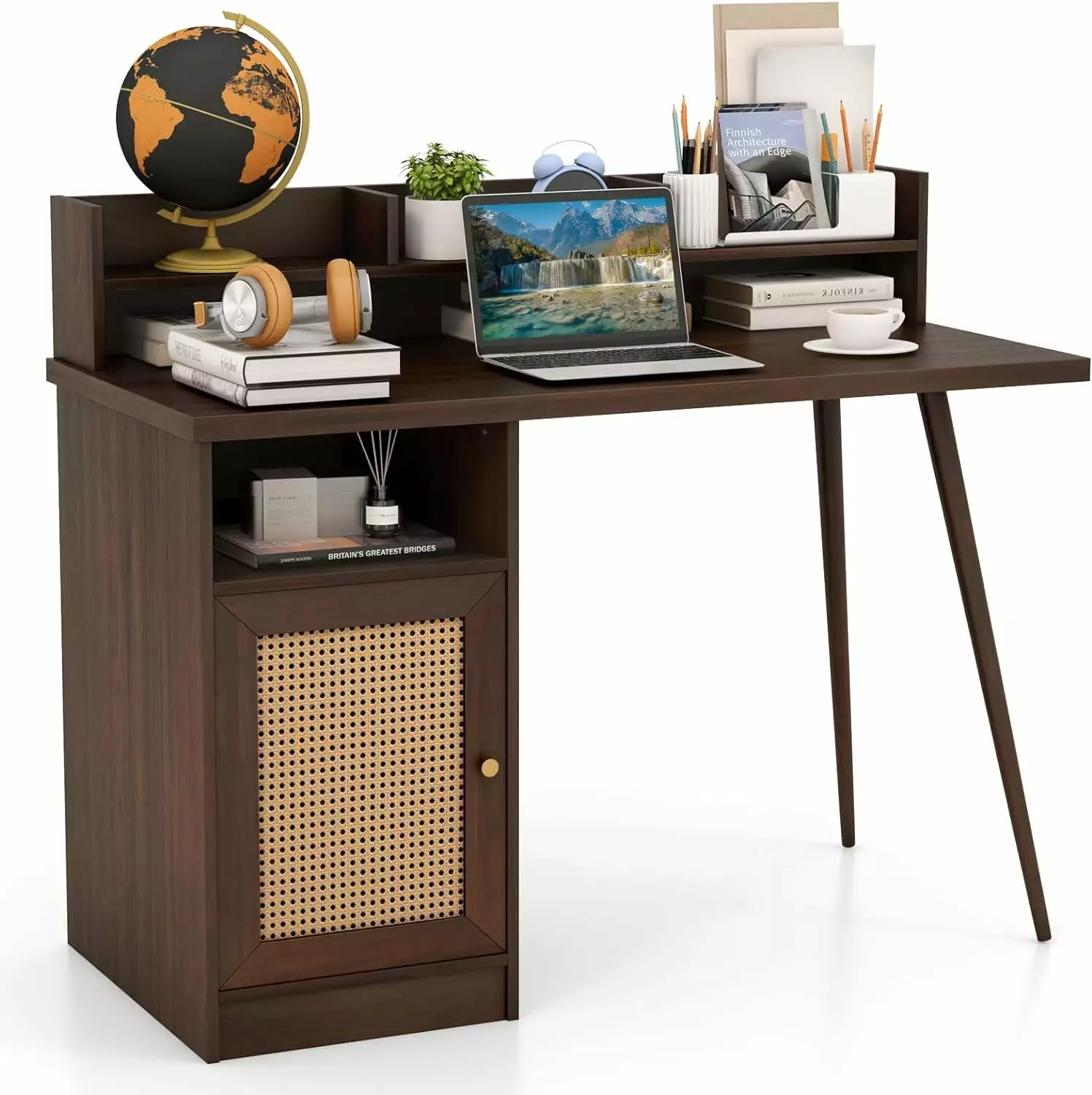 Mid Century Desk Hutch 48 Writing Study Desk PE Rattan Storage Cabinet and Shelves Brown YoJoFHM