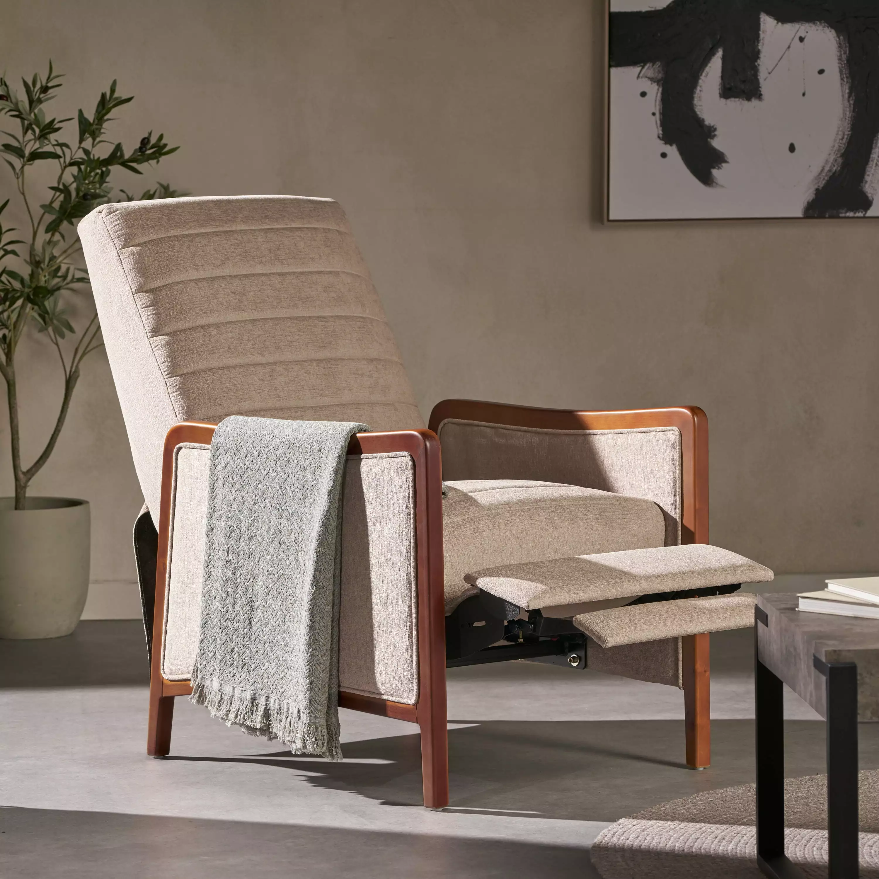 DeeHome Mid Century Modern Fabric Channel Stitch Wood Pushback Recliner Chair