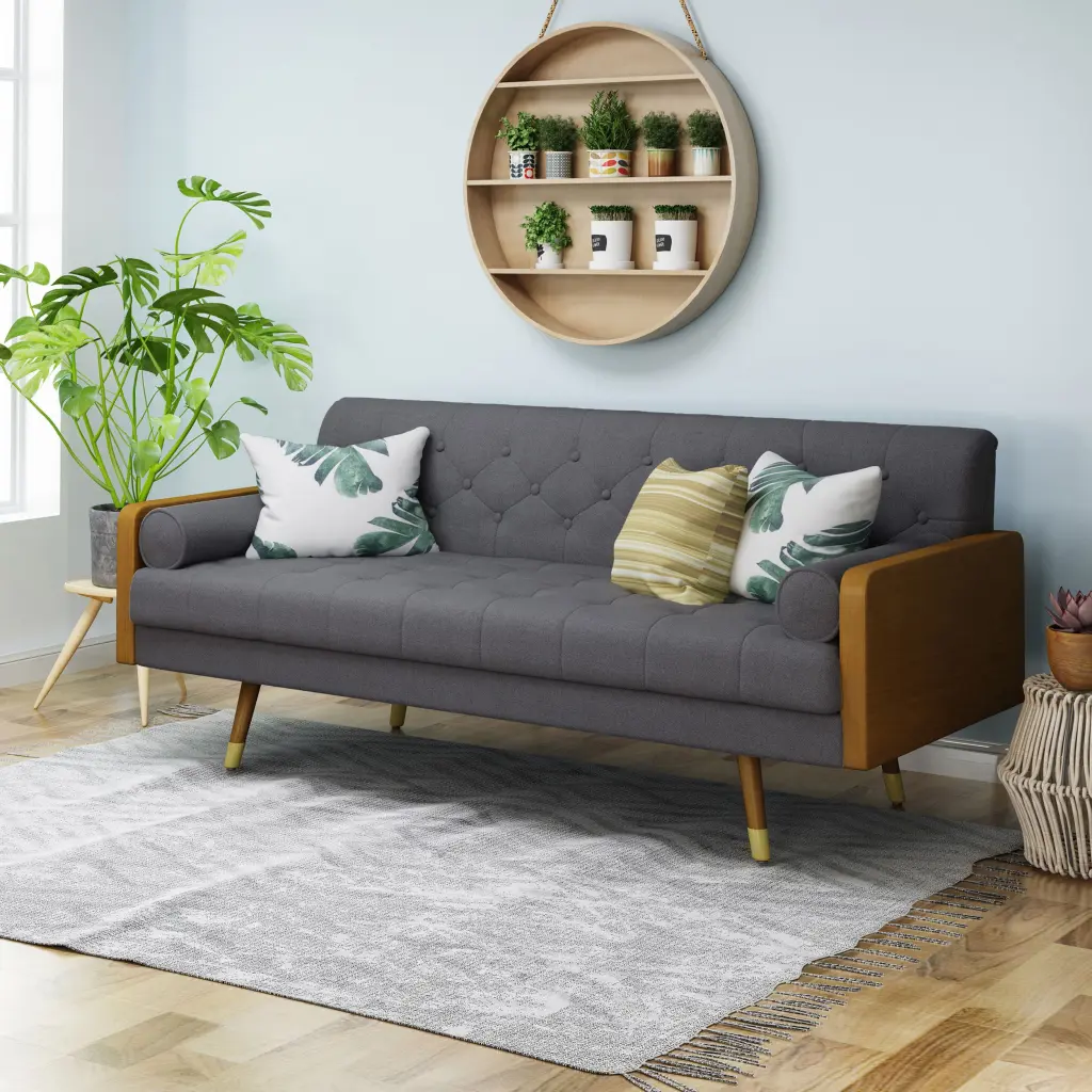 Aidan Mid Century Modern Tufted Fabric Sofa - Grey Fabric Upholstery Contemporary Living Room nh-inmax