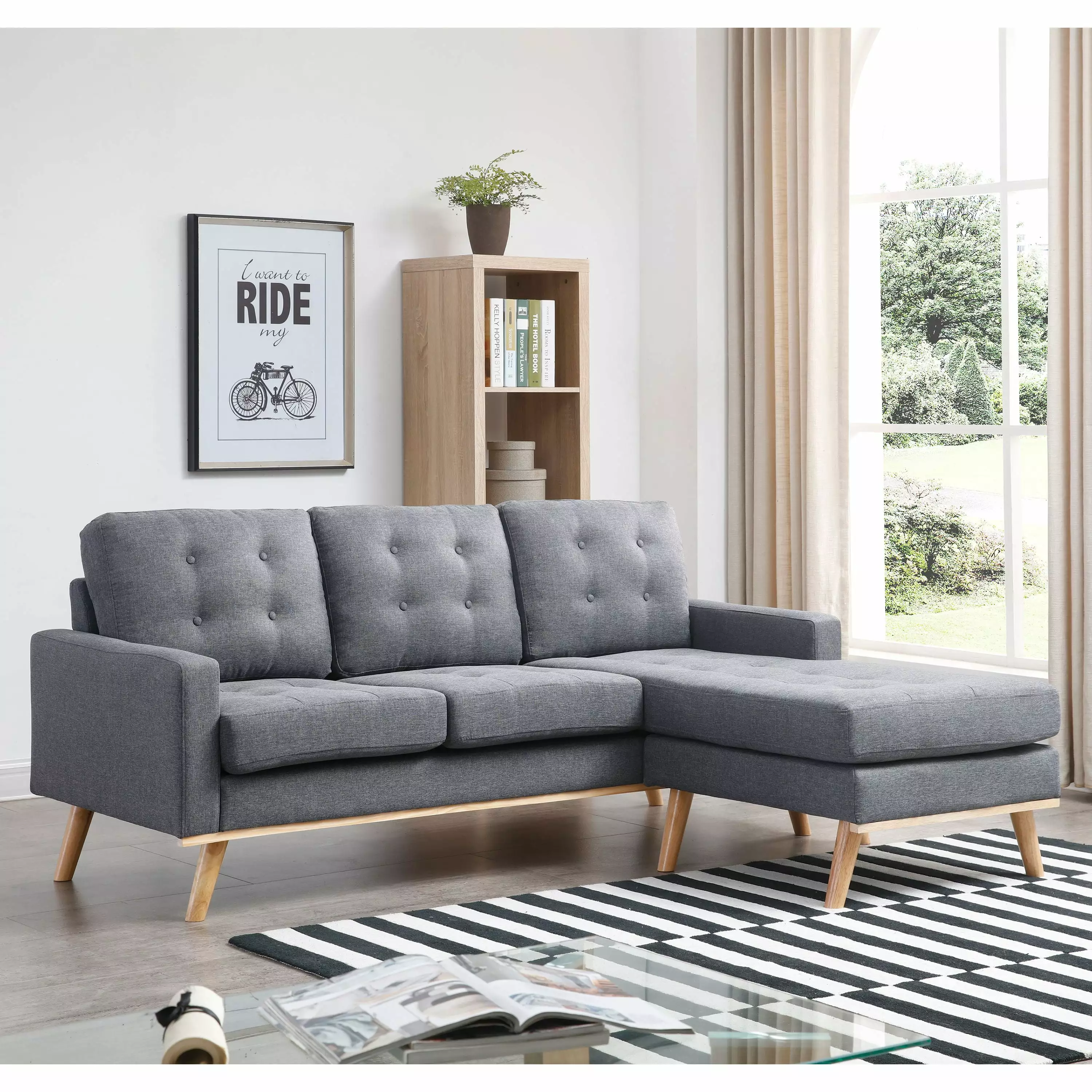 Shelby Collection Mid-Century Modern Polyester Upholstered Living Room Sectional Reversible Chaise Grey AC Pacific