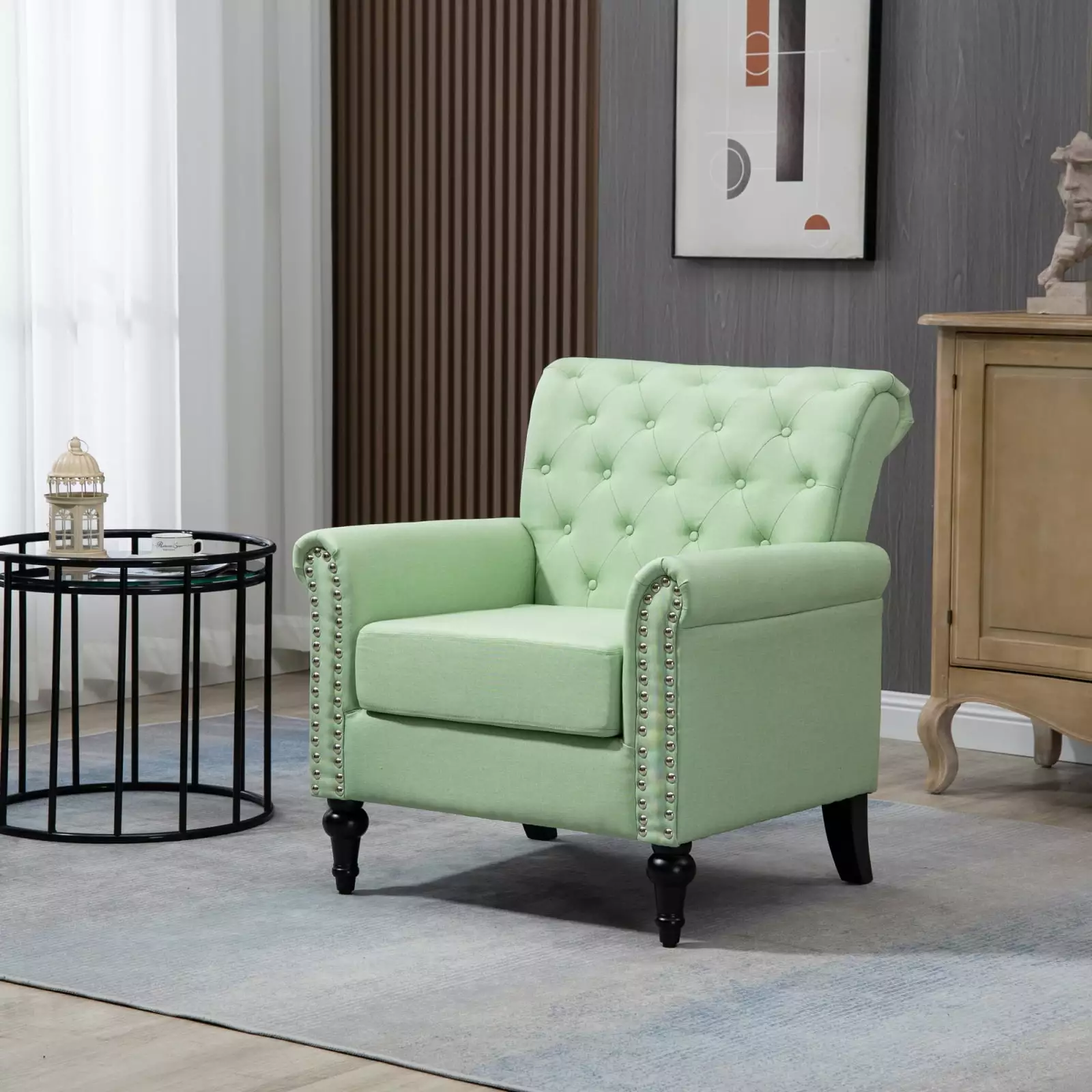 Mid-Century Modern Grass Green Linen Armchair Stylish Tufted Back Lounge Sofa Sturdy Wood Legs Wodine