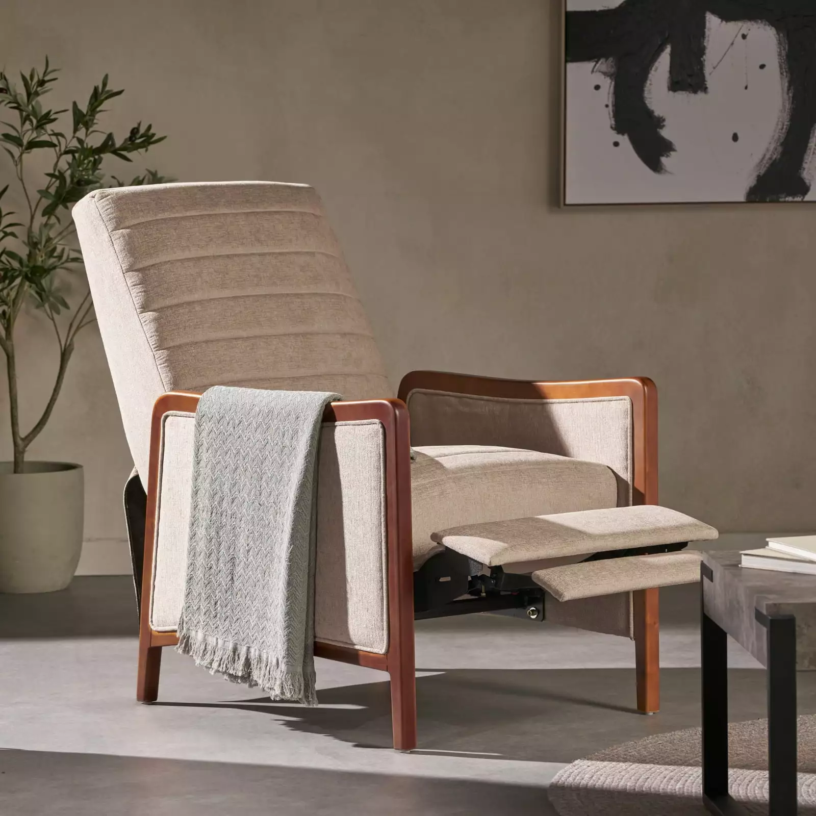 Miekor Furniture Mid Century Modern Fabric Channel Stitch Wood Pushback Recliner W5USND