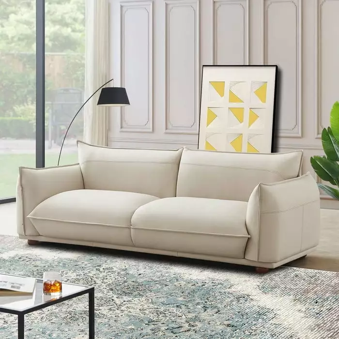 Emma Mid Century Modern Luxury Living Room Couch Cream Leather Sofa Ashcroft