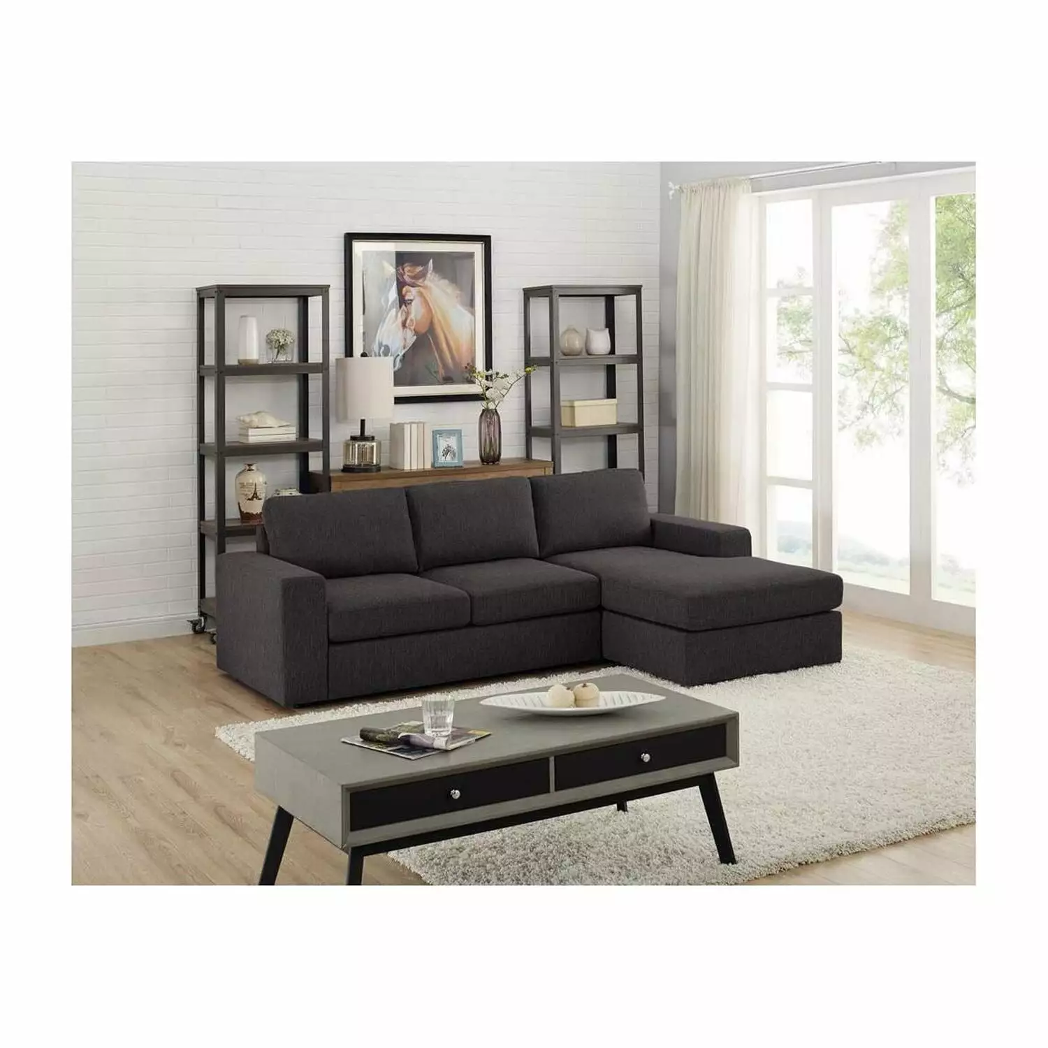 Homestock Mid-Century Marvel Sofa Reversible Chaise Dark Gray Linen