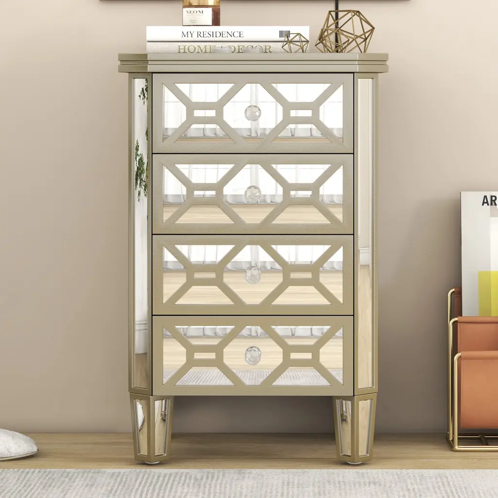 Elegant Mirrored 4 Drawer Chest Golden Lines Storage Cabinet Bedroom bed best