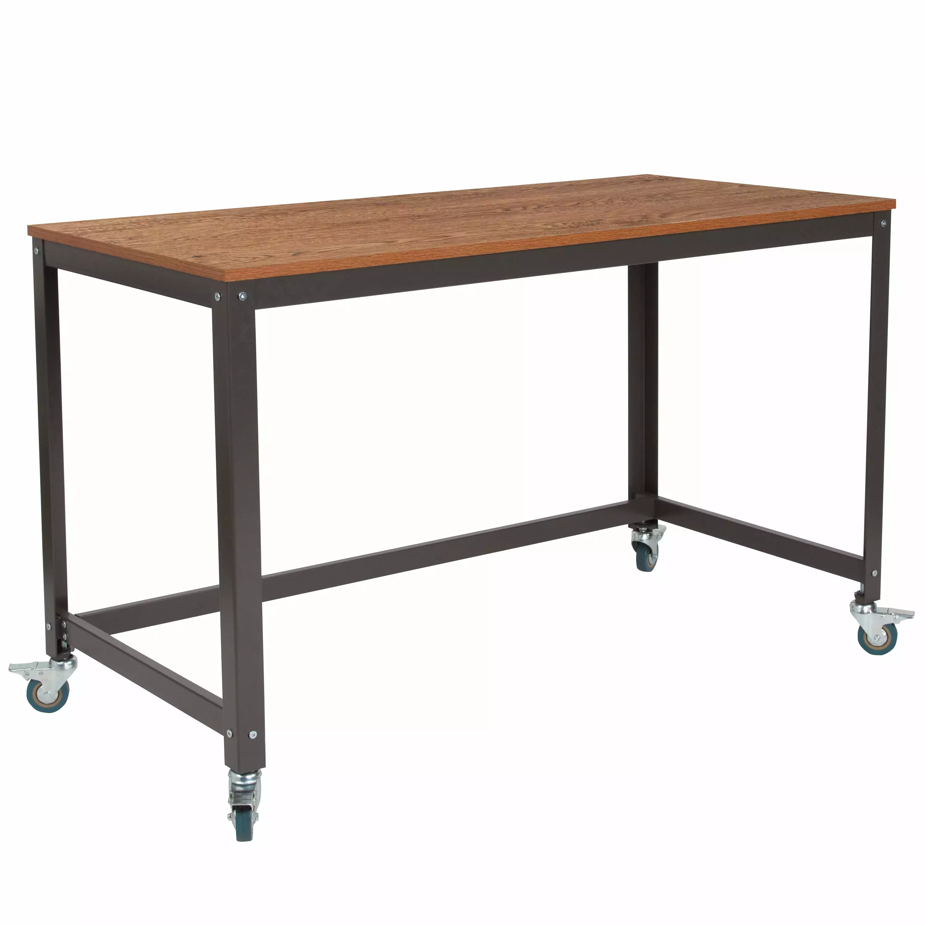 Flash Furniture Livingston Collection Computer Table and Desk Brown Oak Wood Grain Finish Metal Wheels