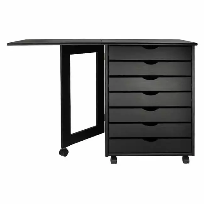 Solid Wood 7 Drawer Gate Leg Roll Cart Desk Black Gracia