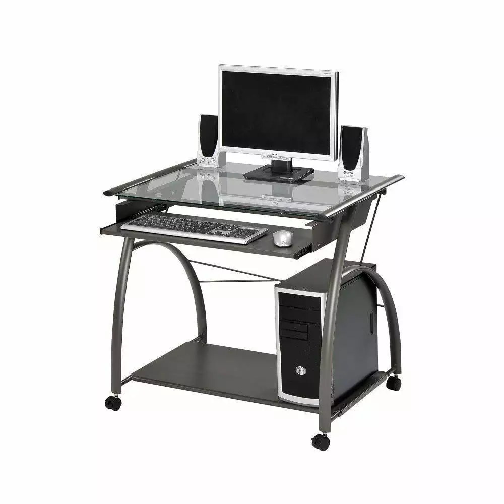 Hassch Movable Computer Desk Home Office Laptop Table Pull-Out Keyboard Glass Desktop Metal Frame Silver