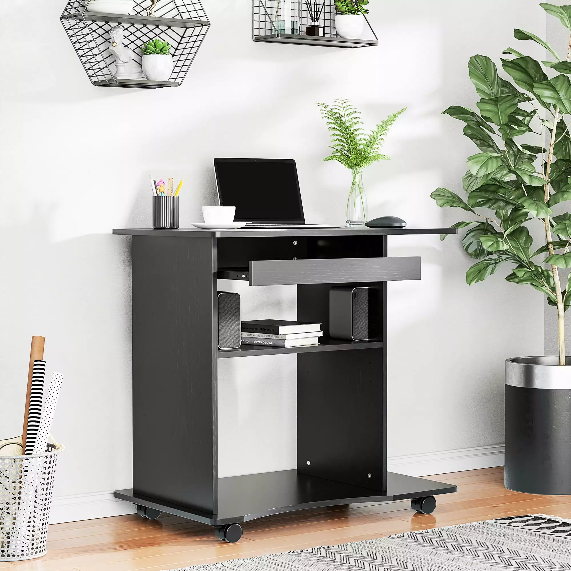 HOMCOM Computer Desk Cart Mobile Workstation Slide-Out Keyboard Tray Adjustable Shelf Black