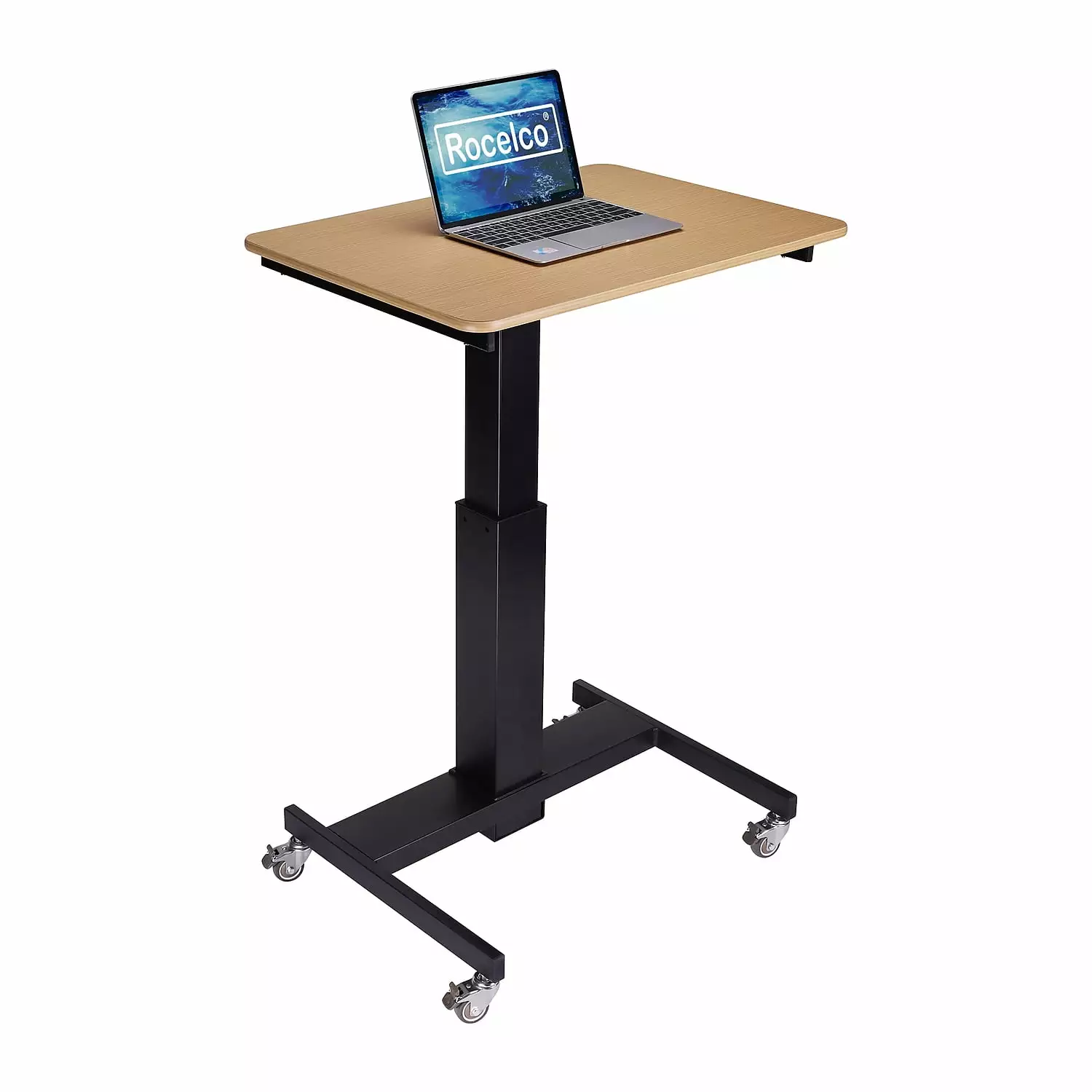 28 Inch Stainless Steel Adjustable Mobile School Standing Desk Natural Wood and Black Rocelco