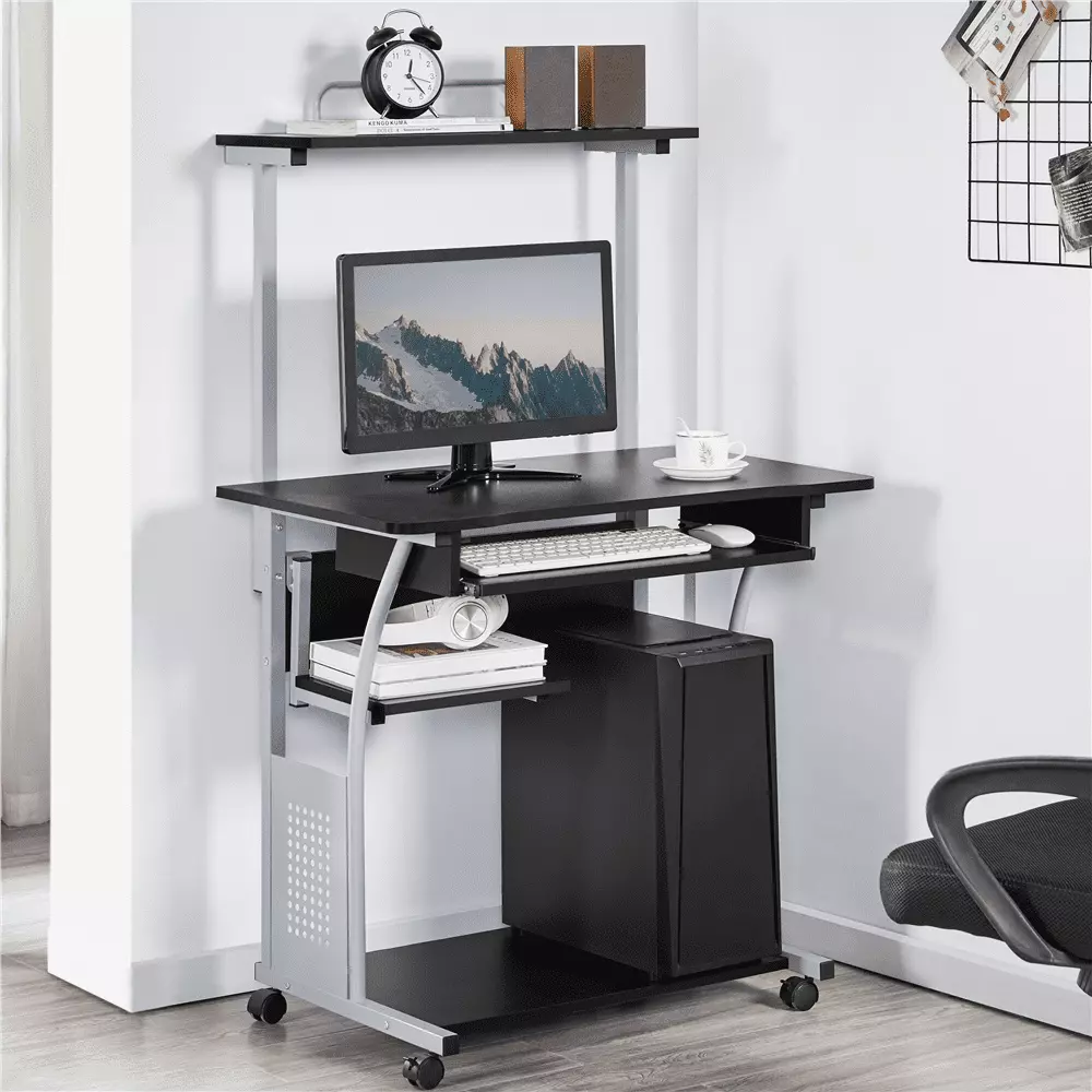 Topeakmart 2 Tiers Rolling Computer Desk Printer Shelf and Keyboard Tray