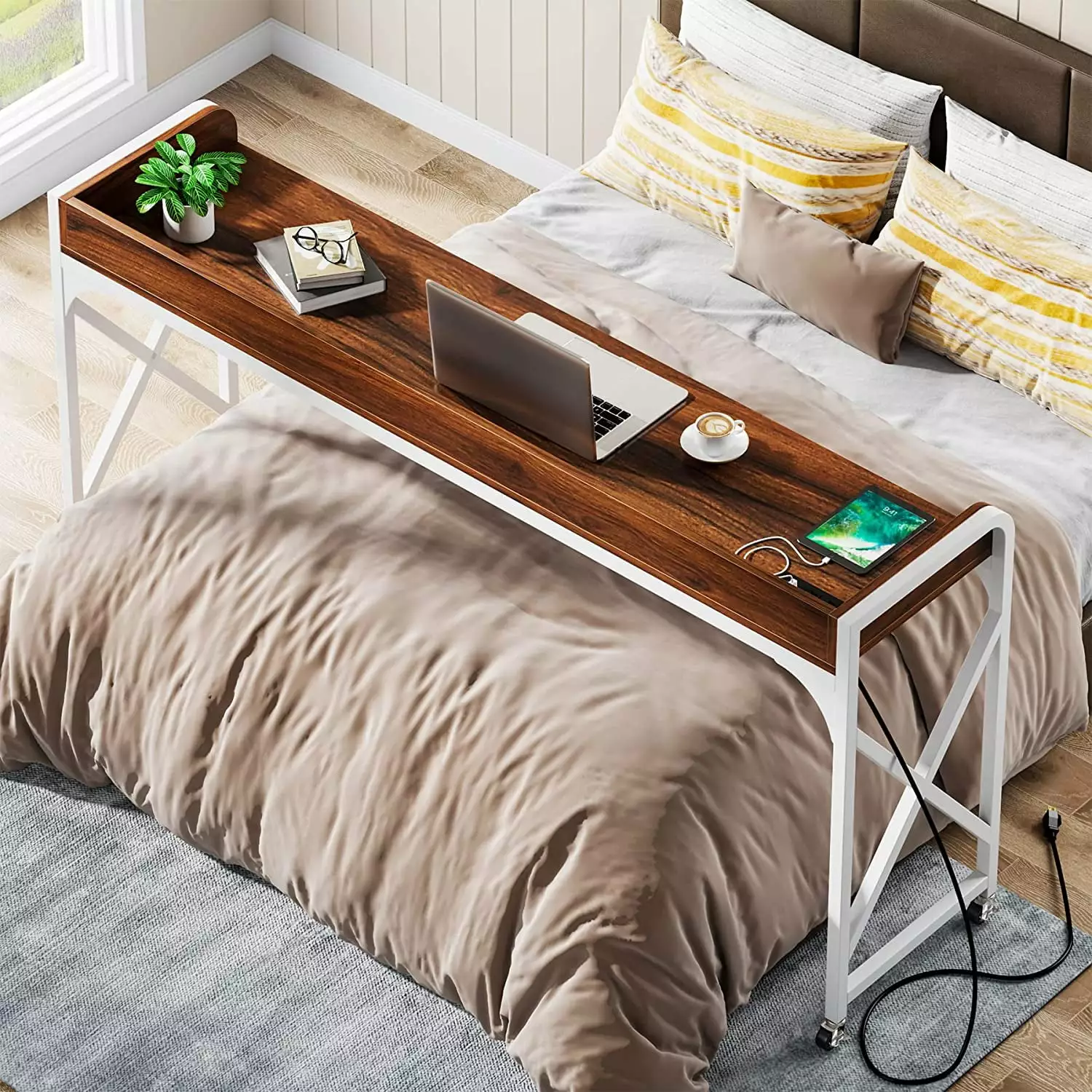 Tribesigns Mobile 70.8 Over Bed Desk Outlet USB Wheels