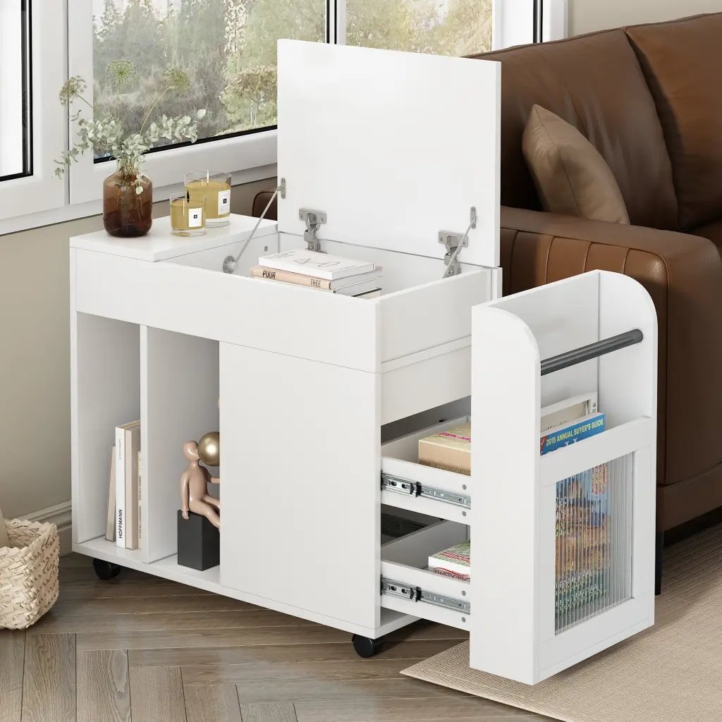 Multifunctional End Table Wheels and Tempered Glass Top rnb