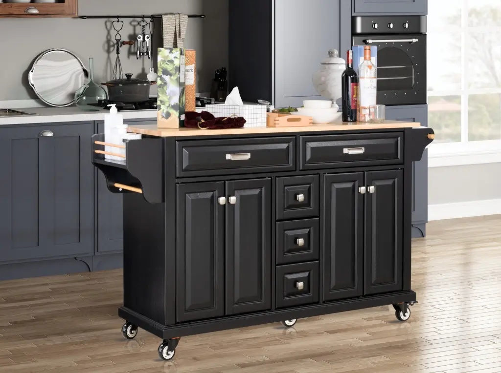 Kitchen Island Rubber Wood Countertop Kitchen Cart on 5 Wheels Storage ws furniture