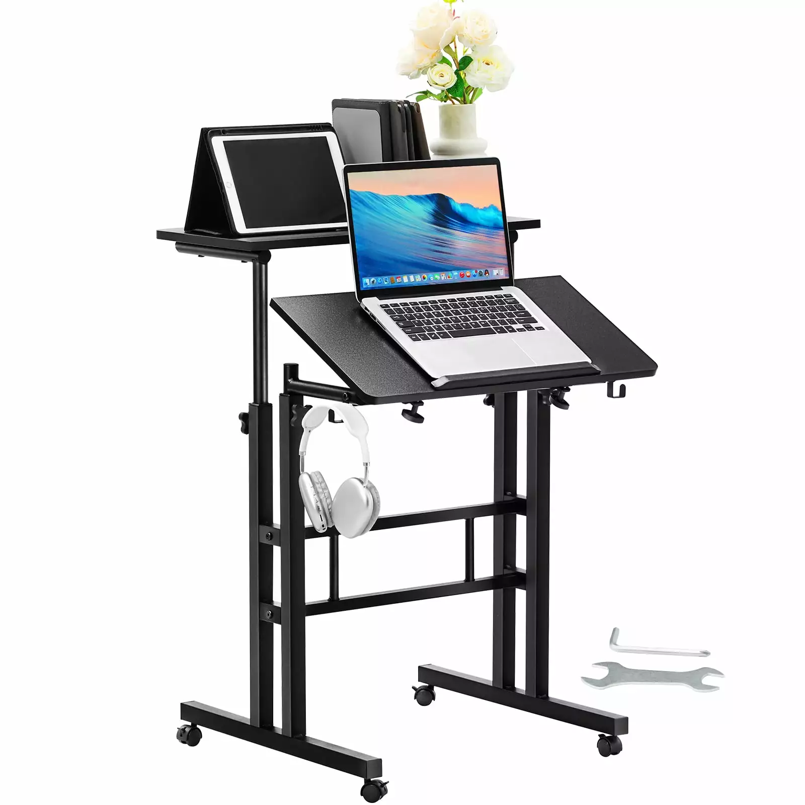 BENTISM Mobile Standing Desk Gas-Spring Height Adjustable 360 Swivel Wheels Home Office Laptop Table
