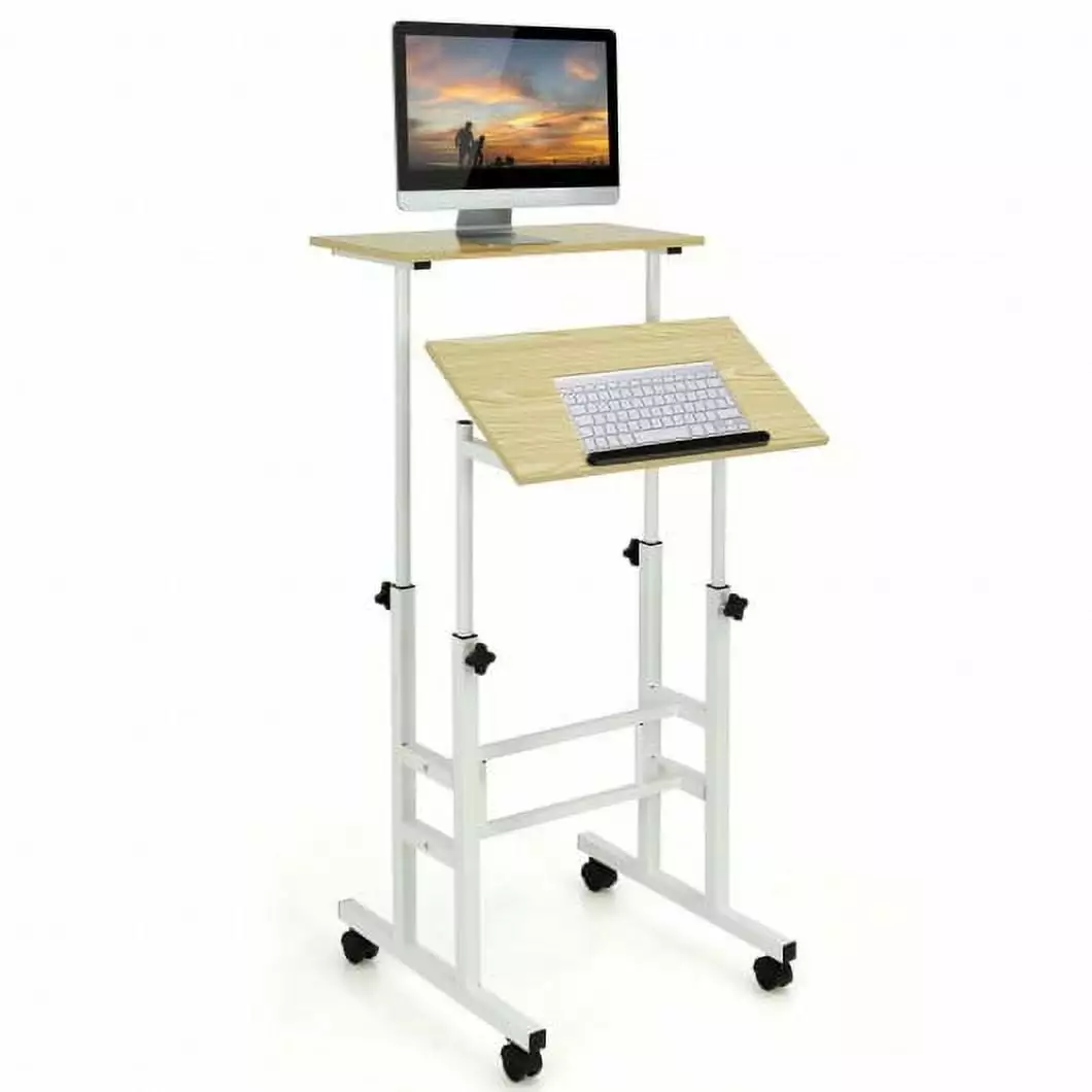 Height Adjustable Mobile Standing Desk Rolling Wheels Office and Home Natural Generic