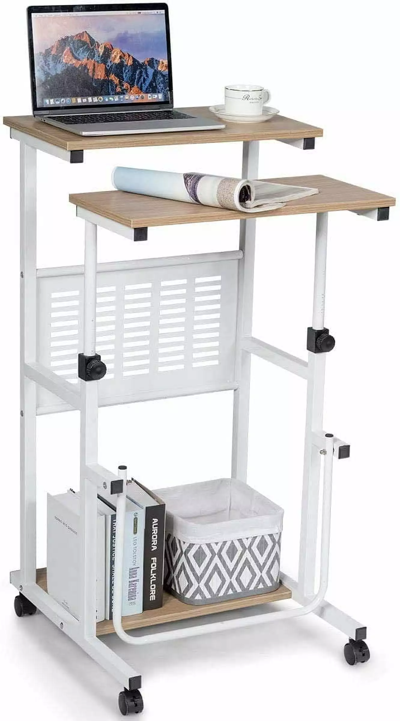 Rolling Standing Desk Height Adjustable Home Office Desk Wheels Footrest 2 Modes Sit Stand Workstation YOJFOTOOU