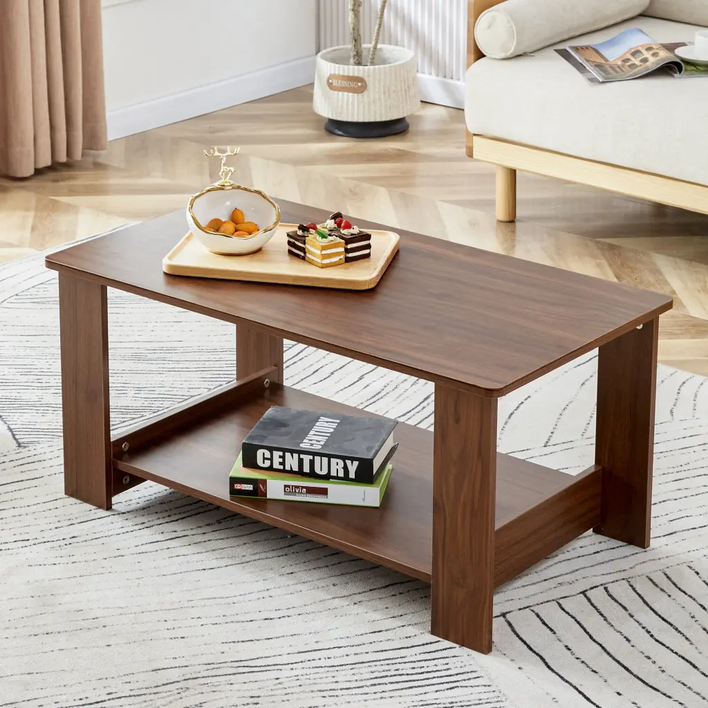 Modern Minimalist Walnut Colored Double Layered Rectangular Coffee Table droom w-1151