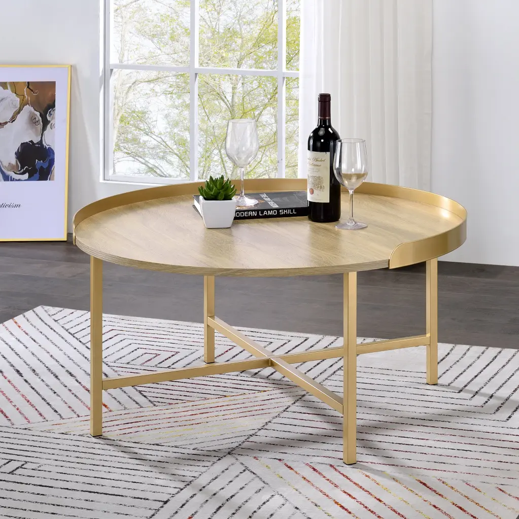 Oak and Gold Coffee Table Tray Top Modern Living Room Furniture furniture max