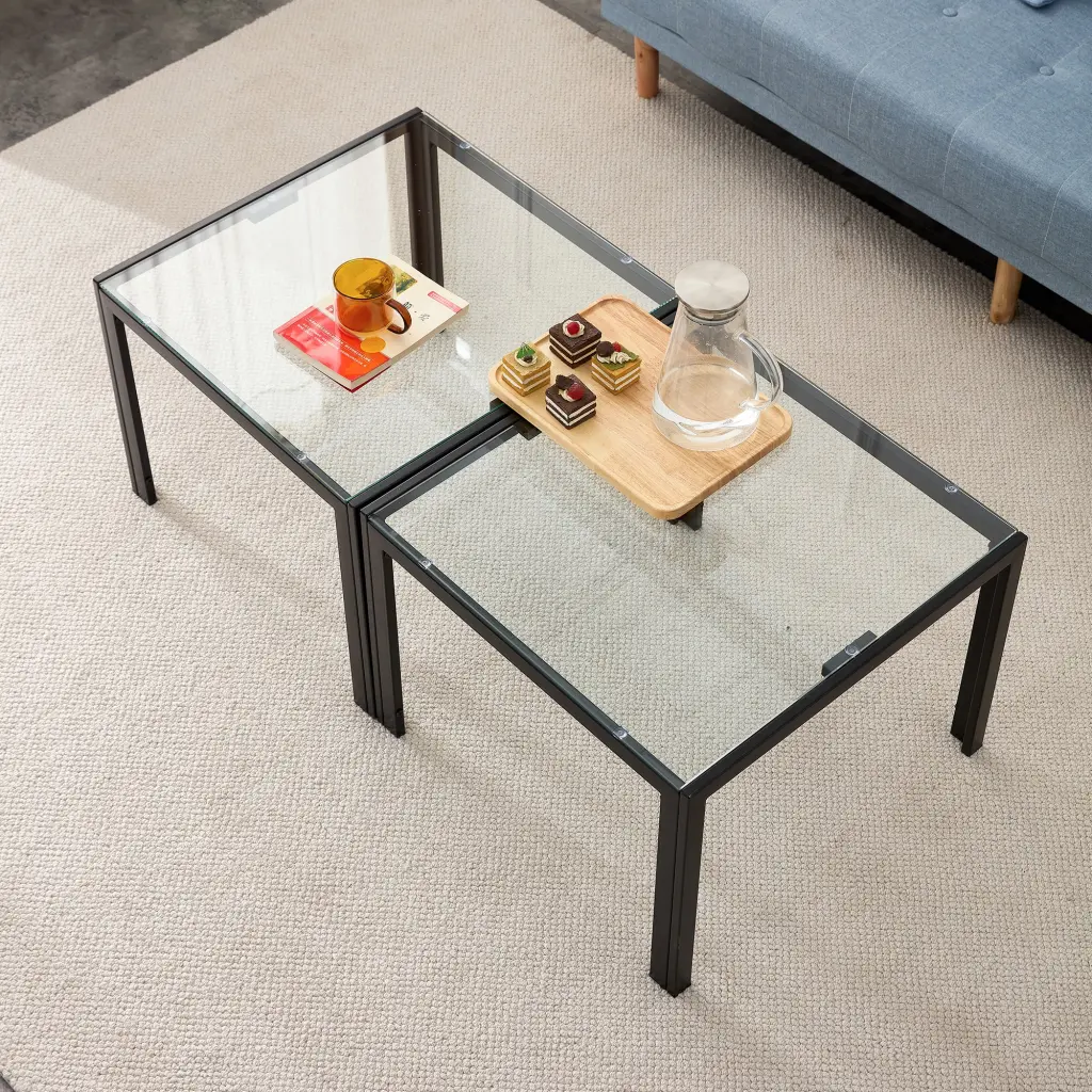 Coffee Table Set 2, Square Modern Table Tempered Glass Finish jws-w241