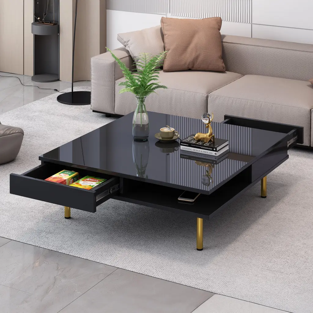 Exquisite High Gloss Coffee Table 4 Golden Legs and 2 Small Drawers rnb
