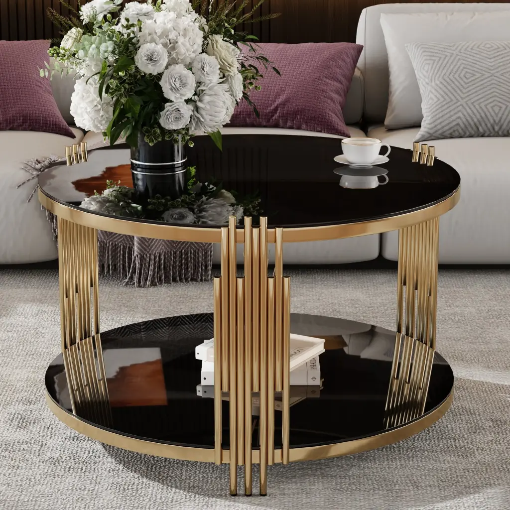 Modern Black Mirror Coffee Table Asymmetrical Metal Circular Design rnb
