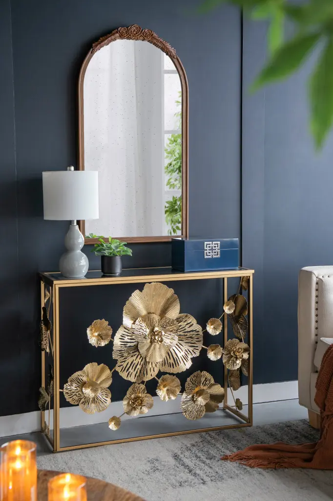 39.5 Inch X 12 Inch X 30.5 Inch Gold Console Table Mirrored Glass Top Modern Design w2078