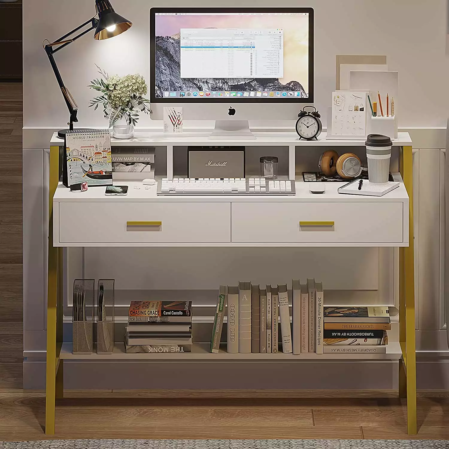 Afuhokles Modern White Gold Computer Desk Drawers Home Office Workstation
