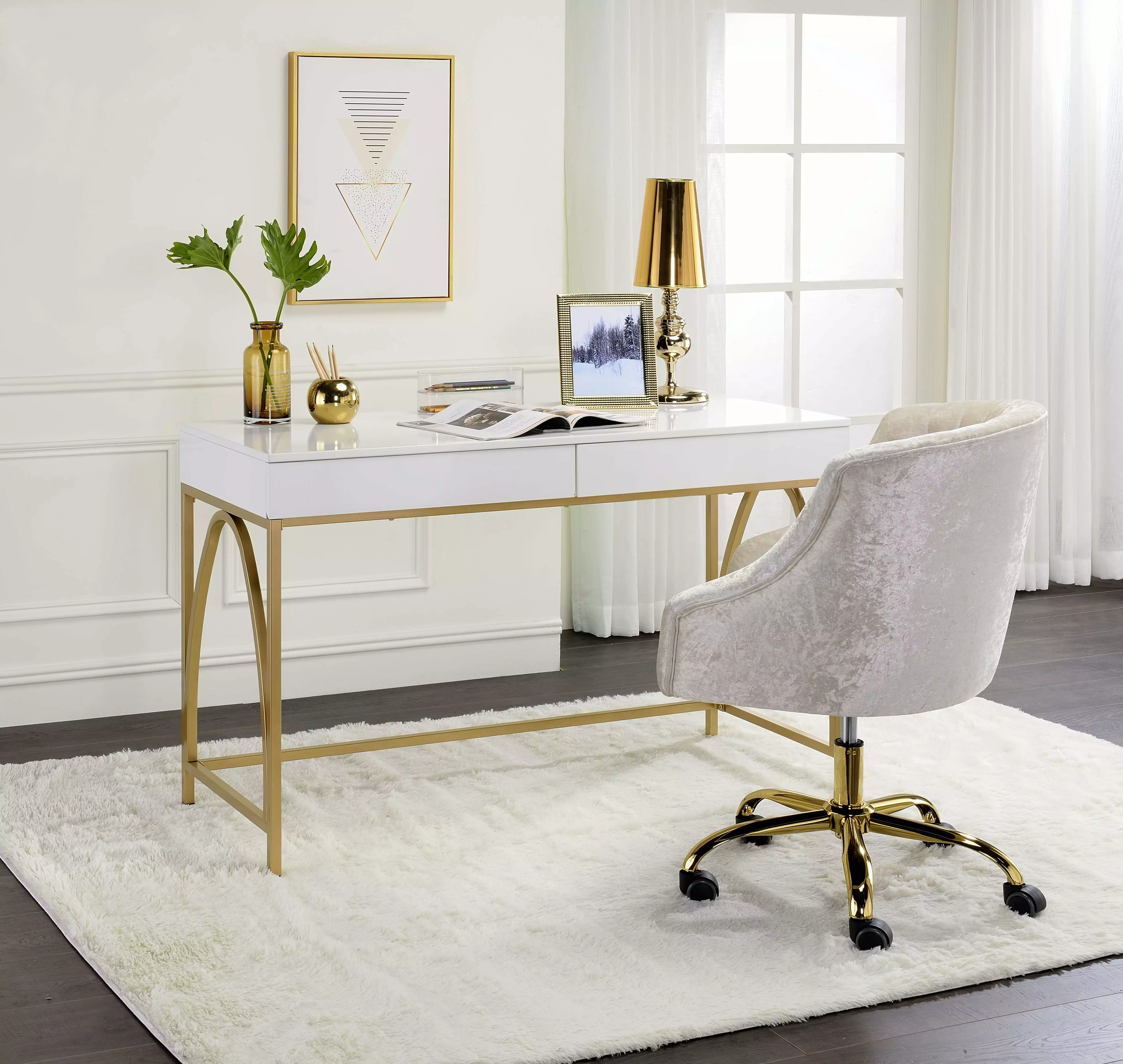 Artlia Lightmane Desk - White High Gloss & Gold 92660 - Modern Office Desk
