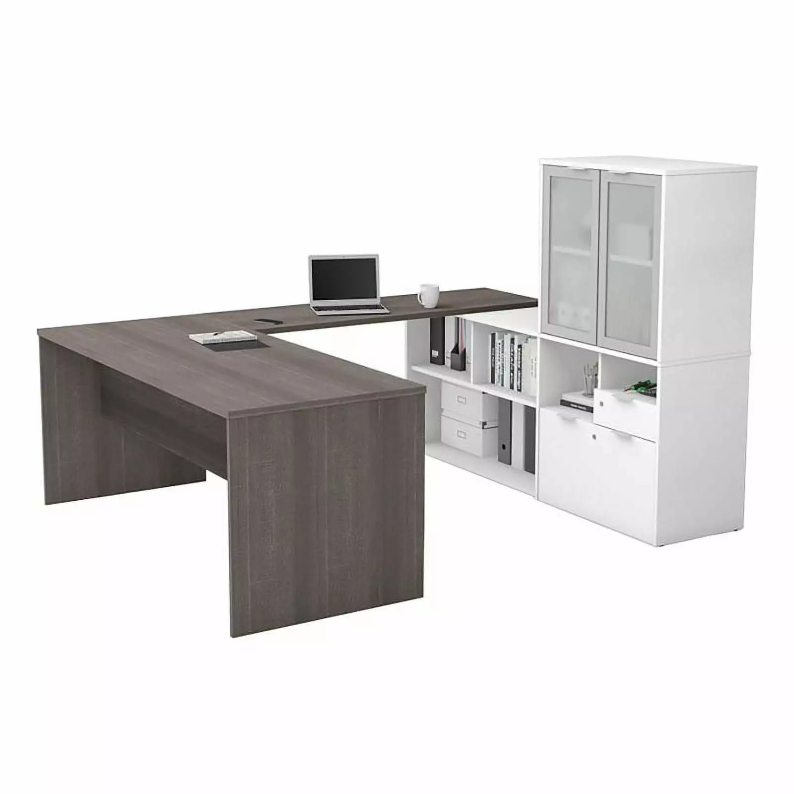 Atlin Designs Contemporary U-Shape Wood Desk Hutch Gray and White