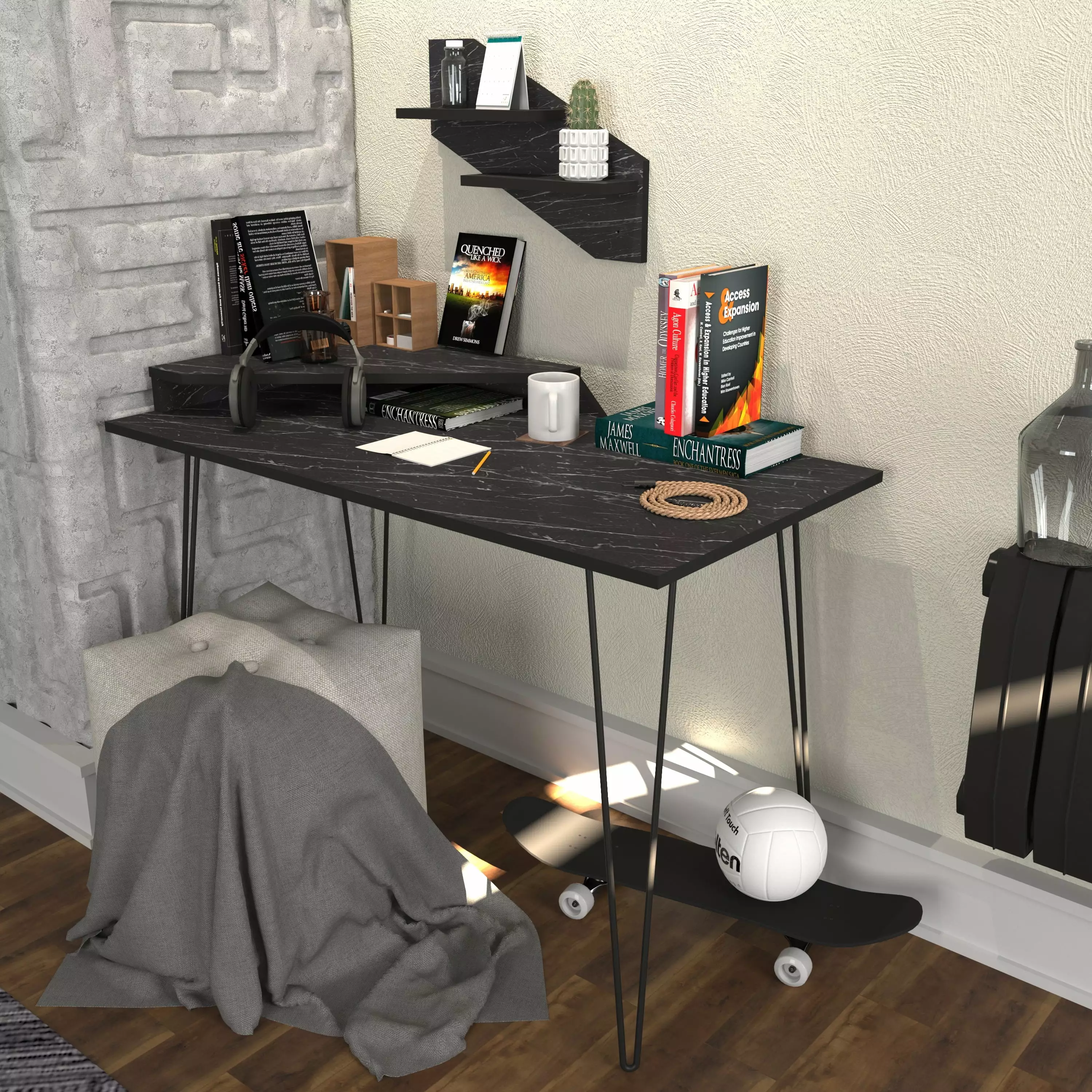 Decorotika Desalvo 47 Computer Desk Shelves Black Melamine Veneer Modern Office Desk