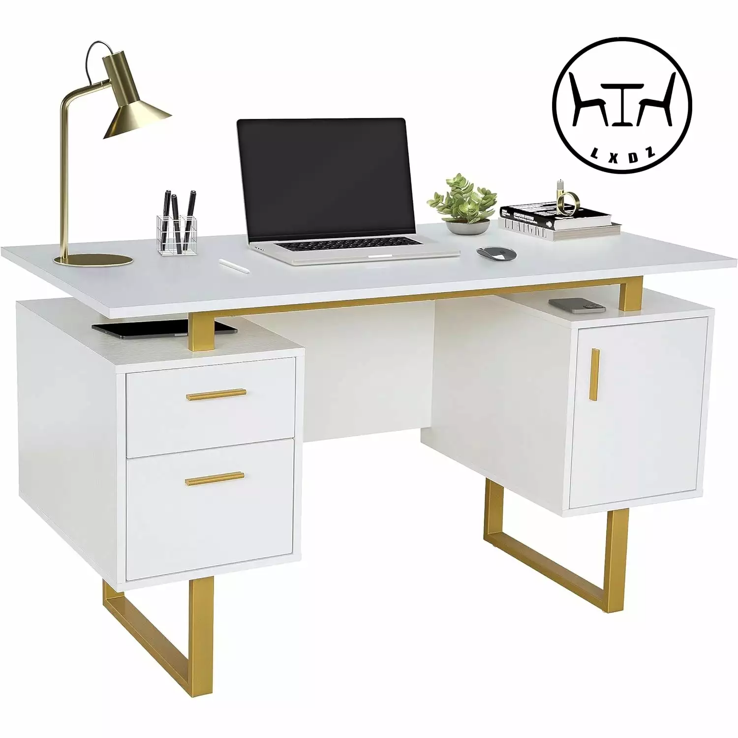 FHWMZZH 51.2 Inch White Gold Modern Office Desk Storage Drawers Cabinet Floating Desktop