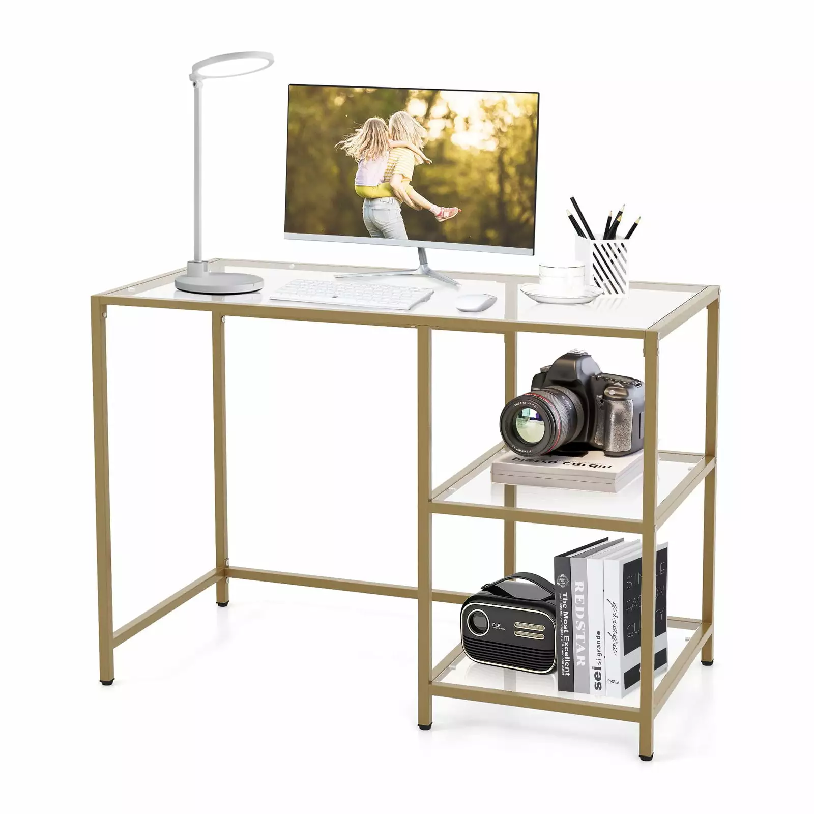 FONIRRA Contemporary Glass-Top Computer Desk Modern Workstation Metal Frame 2-Tier Storage Shelves