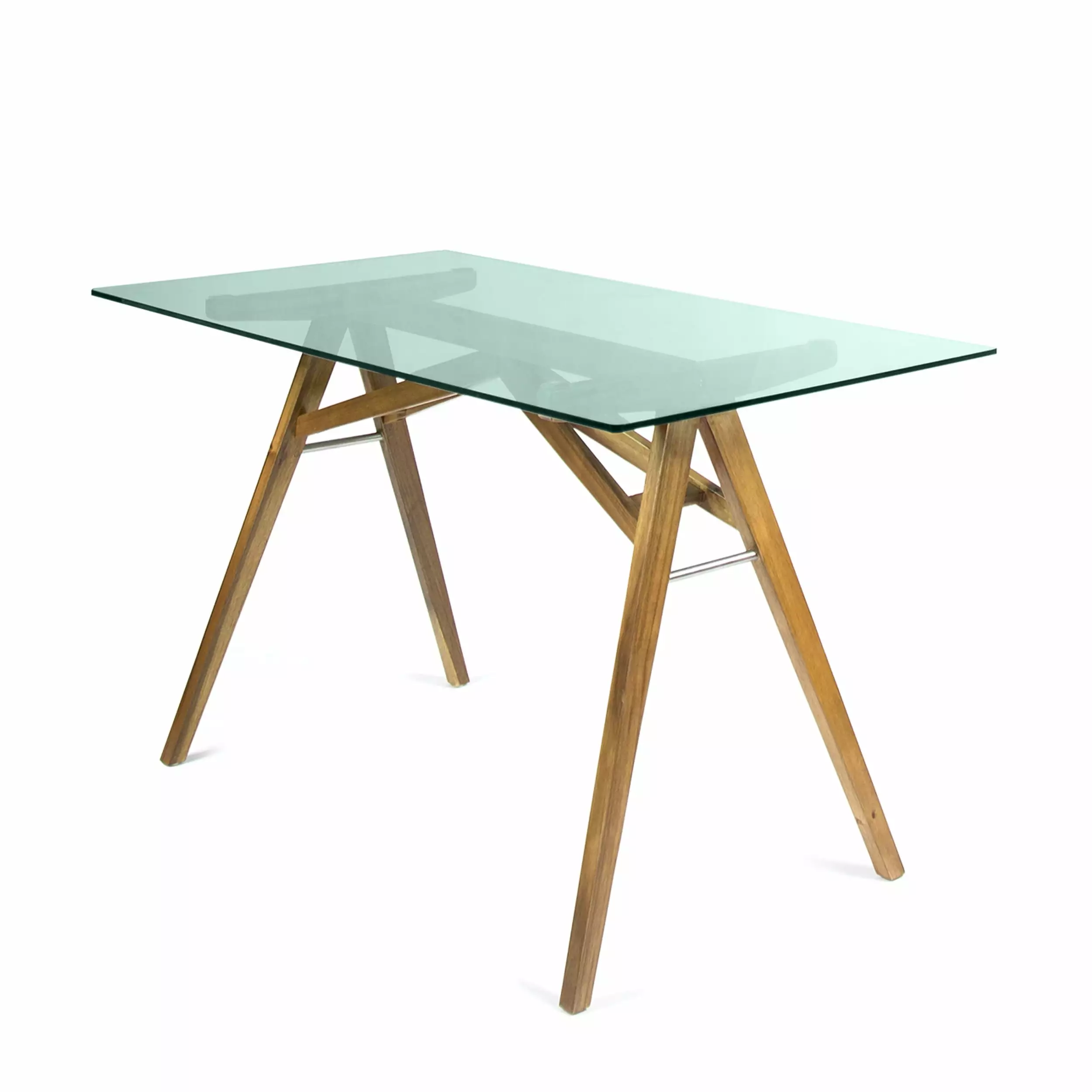 Camey Mid-Century Acacia Wood Desk Tempered Glass Top Natural and Green GDFSTUDIO