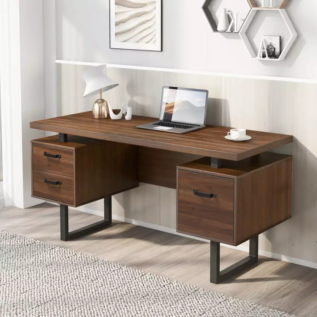 Gzxs 59 Mid Century Modern Desk Drawers and Hanging Letter-Size Files - Brown Writing Table