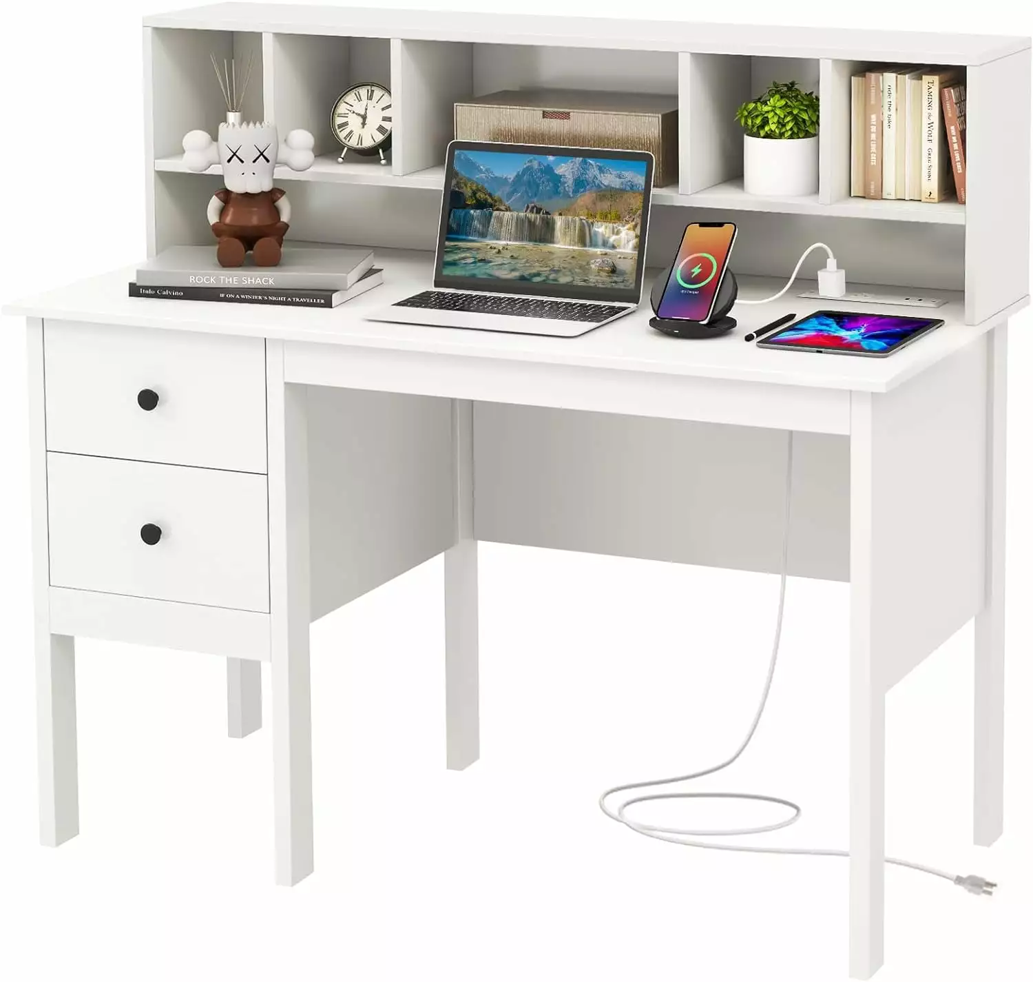 MiSHOP White Desk Drawers and Hutch Modern Home Office Desk Charging Station Homezy