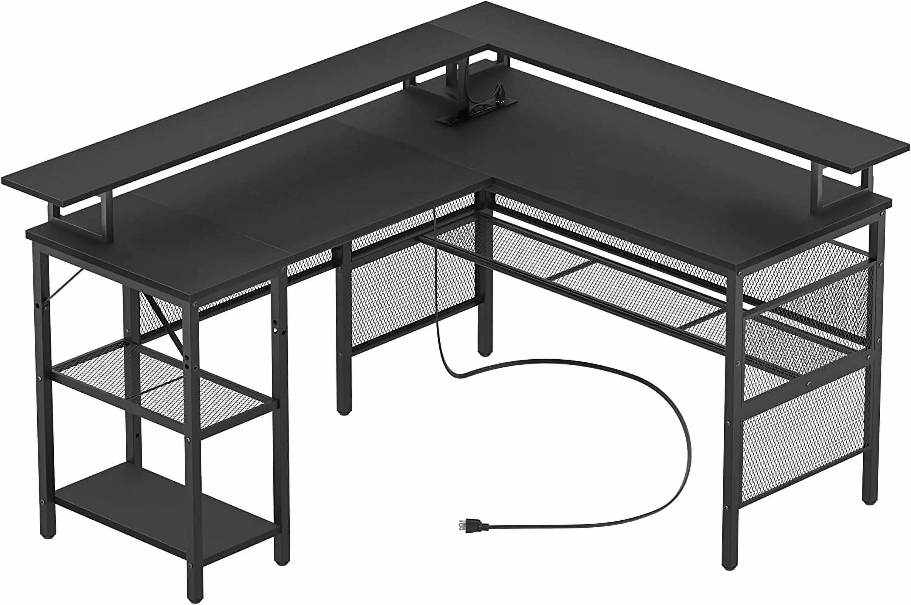 iSunirm L Shaped Desk LED Strip Power Outlets Reversible Corner Computer Desk Black