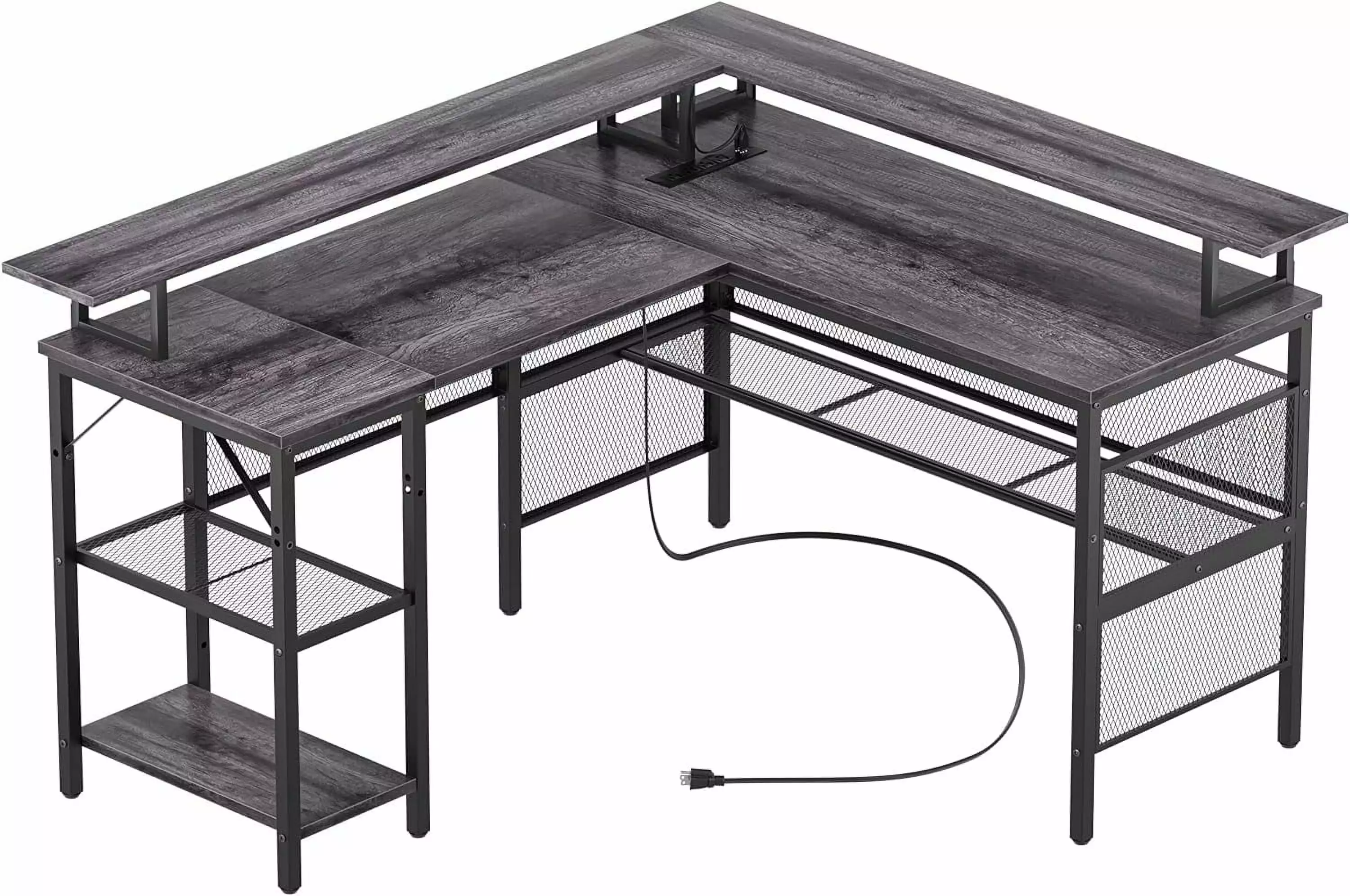 iSunirm L Shaped Desk LED Strip Power Outlets Reversible Corner Computer Desk Black Oak