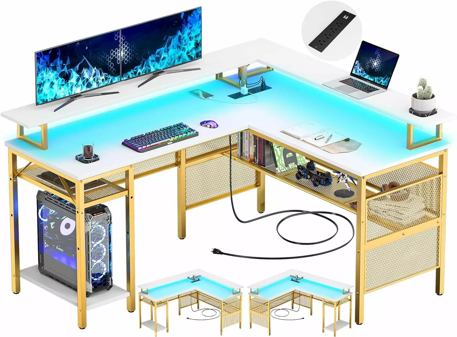 iSunirm L Shaped Desk LED Strip Power Outlets Reversible Corner Computer Desk White Gold