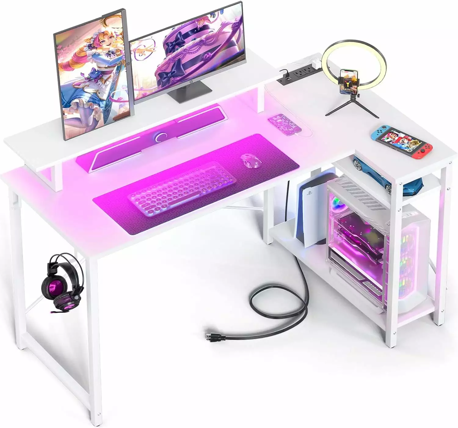 iSunirm 47 L Shaped Desk Power Outlet LED Light White Contemporary Workstation