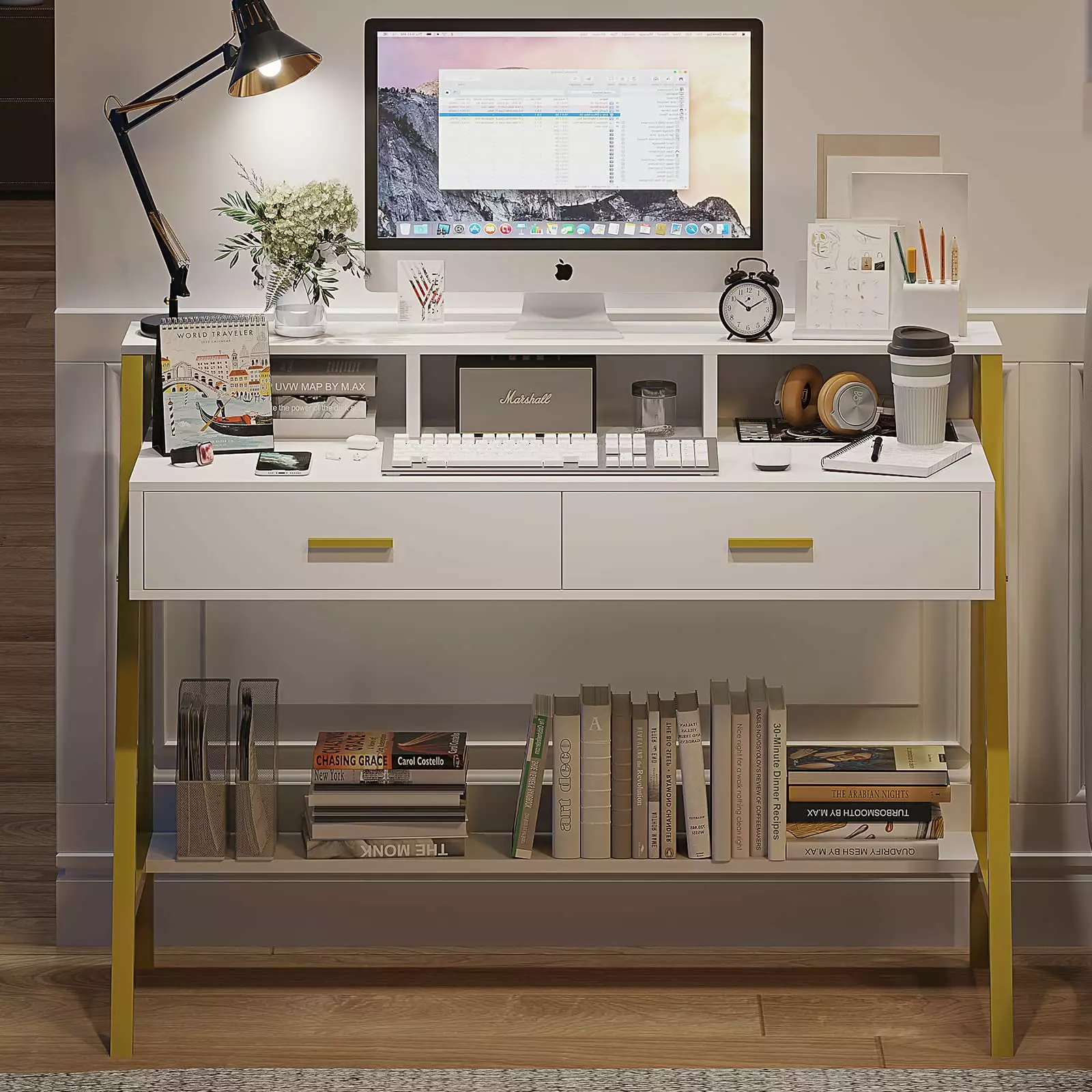 Modern Computer Desk Drawers Home Office Desk Monitor Stand Built- Hutch White Desk Kicode