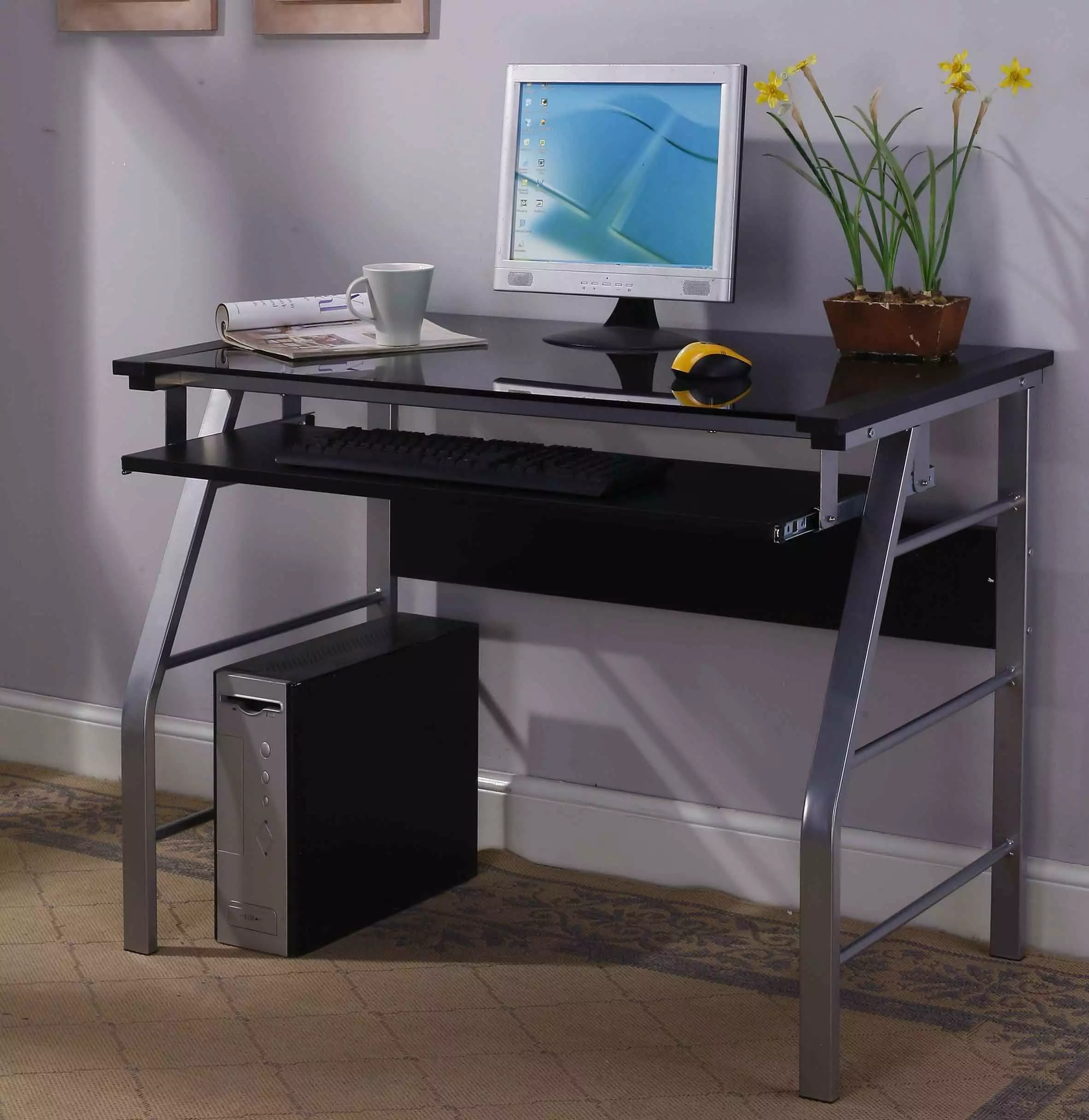 Kings Brand Furniture Home Office Computer Desk Chrome Metal Black Glass