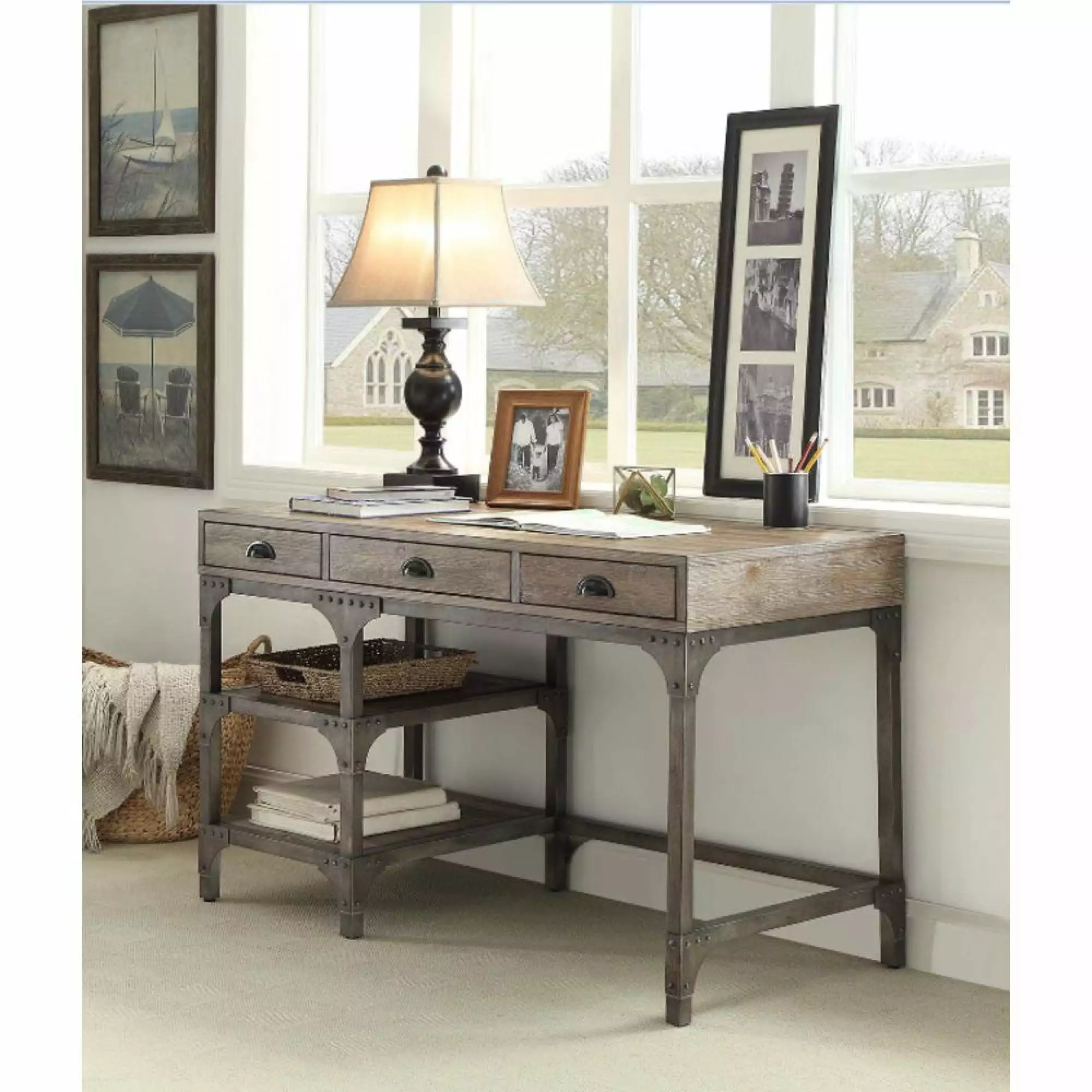 Miekor Furniture Gorden Desk Weathered Oak and Antique Silver Modern Office Desk