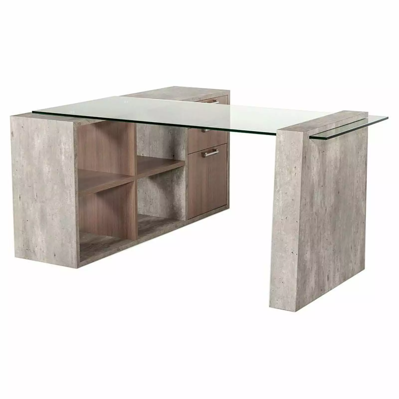 Modrest Boston Modern Tempered Glass & Faux Concrete Writing Desk Clear Gray