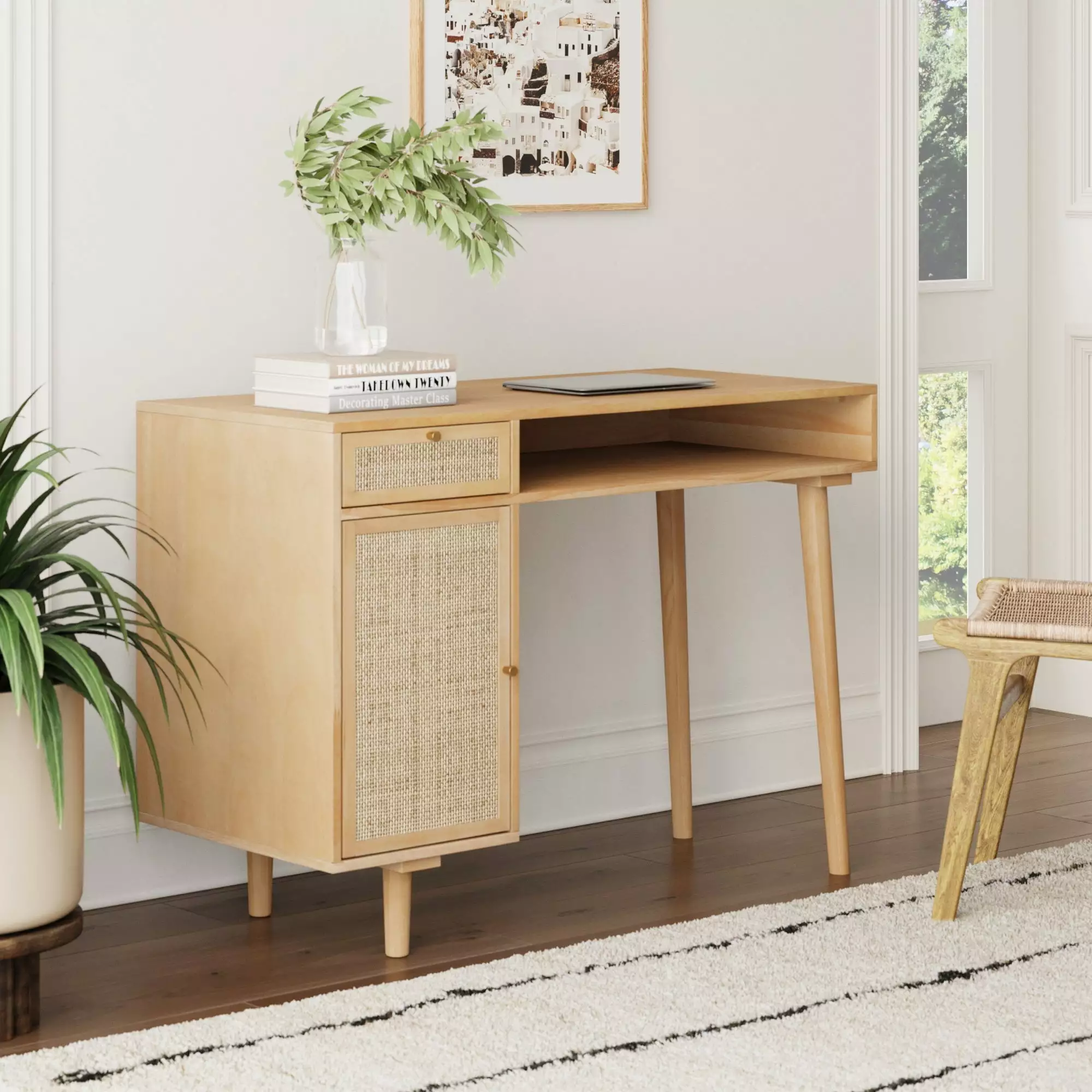 Nathan James Aaron Modern Desk Storage Natural Rattan Table Square Webbing and Gold Accent Knobs Natural Brown