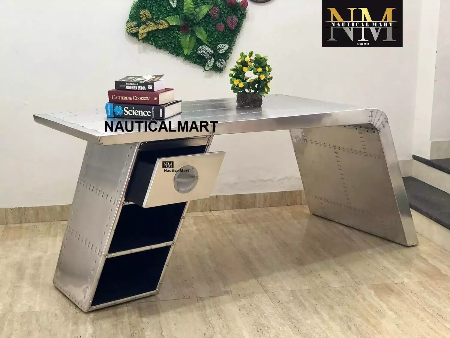 NauticalMart Aviator Wing Desk Aluminum Table Left Side 70 Inches Home Office Furniture