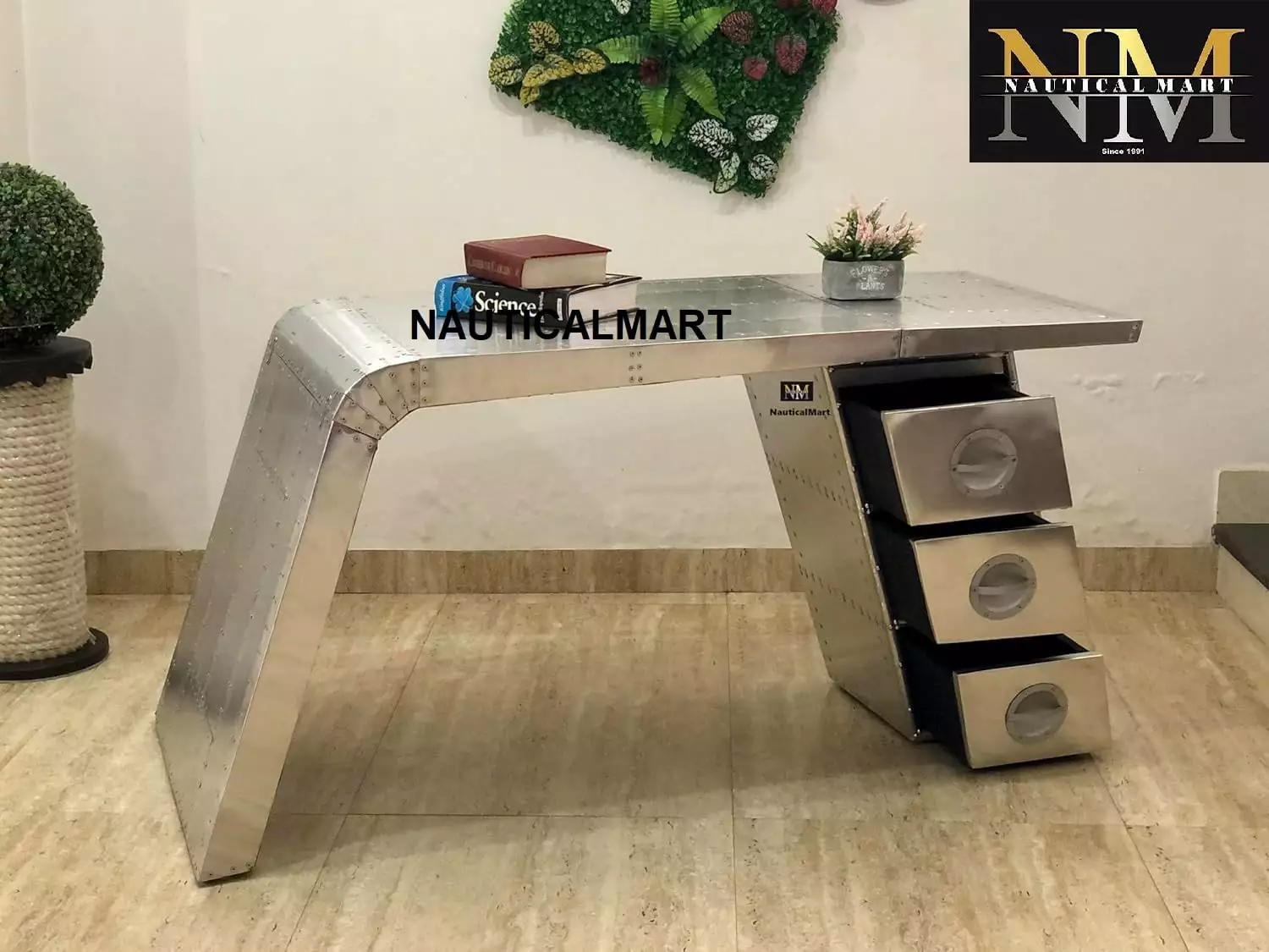 NauticalMart Aviator Wing Desk Aluminum Table Three Drawers 68 Inches Home Office Furniture Decor